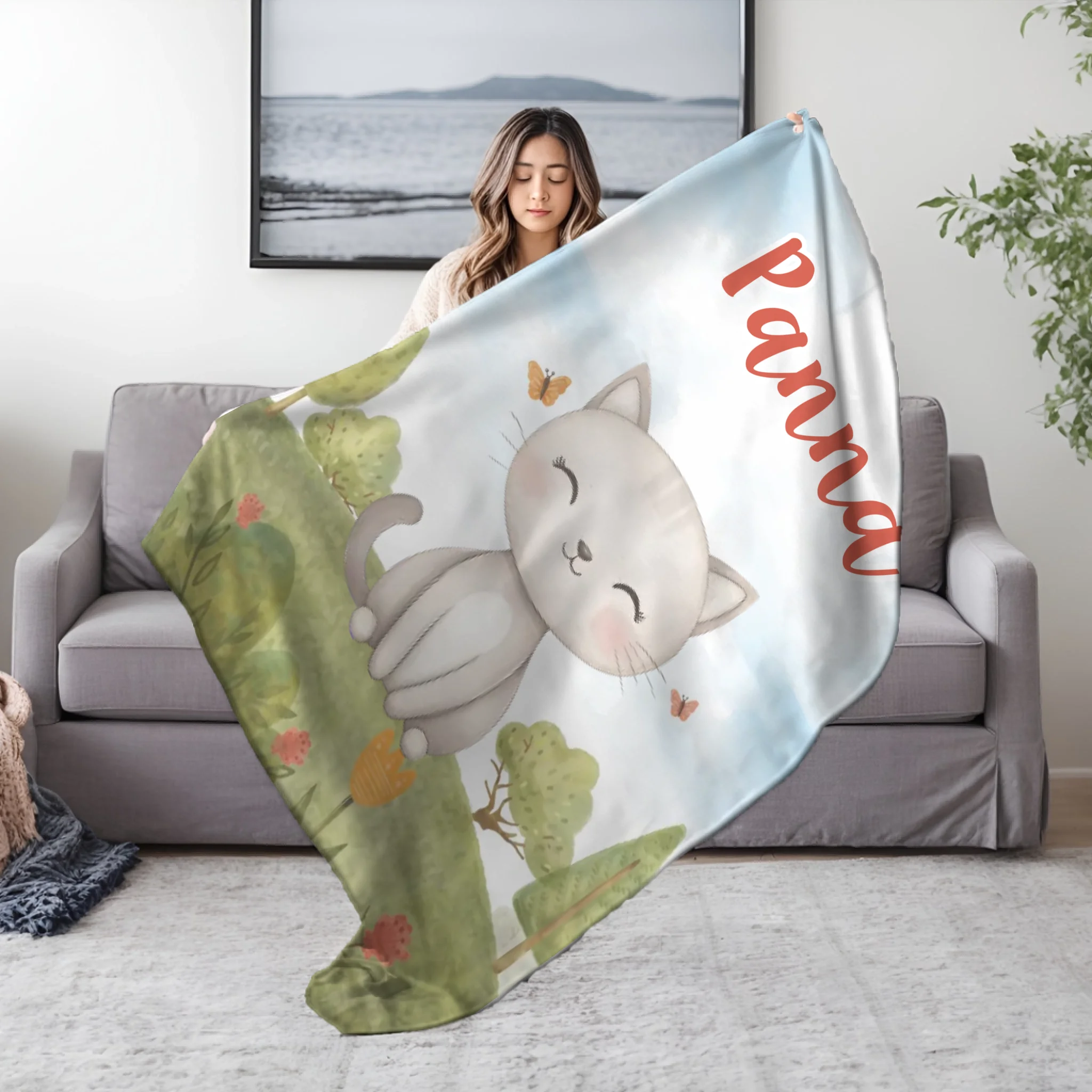 Névreszóló gyerek takaró - egyedi neves állatmintás pléd választható állatokkal és háttérel