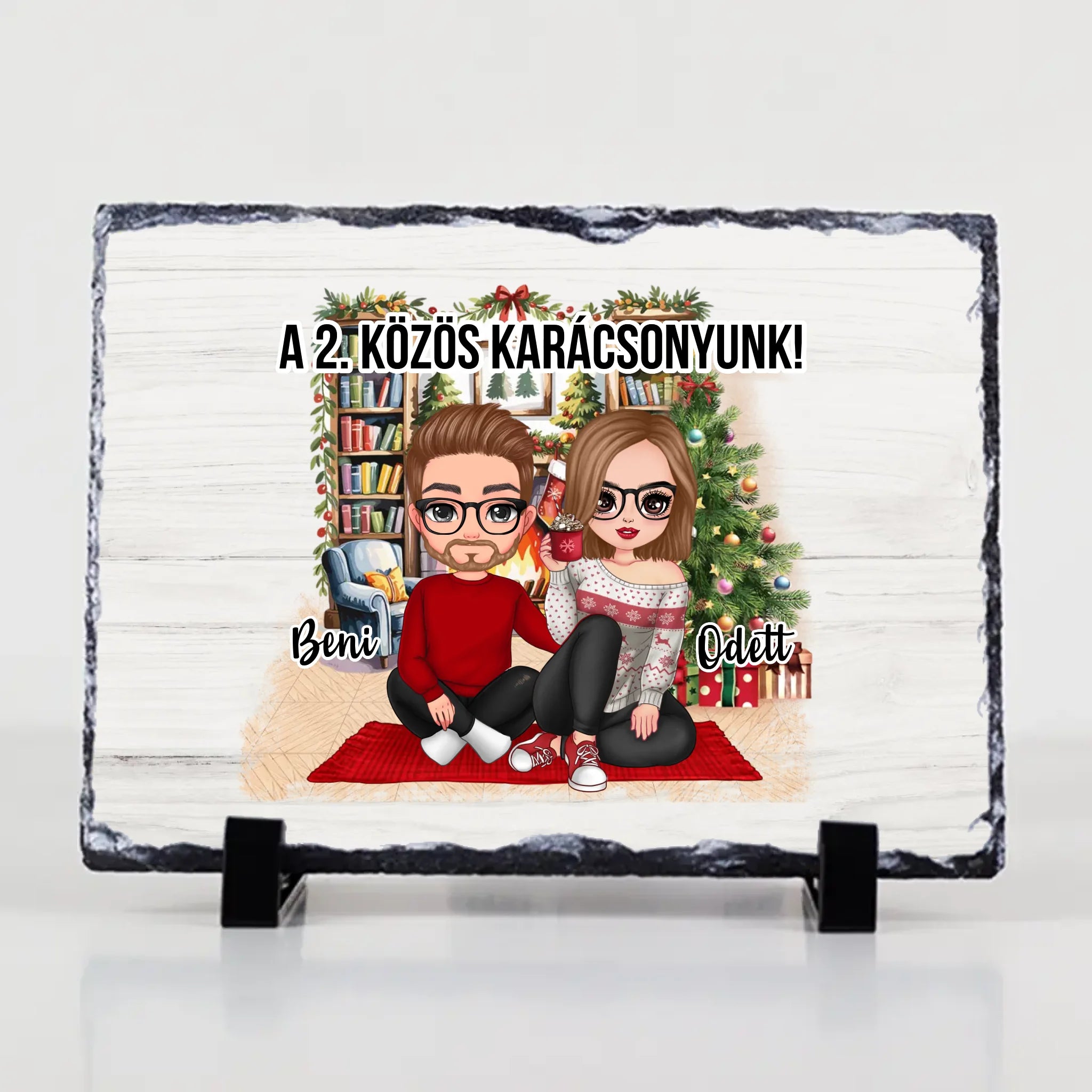 Egyedi karácsonyi ajándék pároknak - szerkeszthető karakteres gránitlap