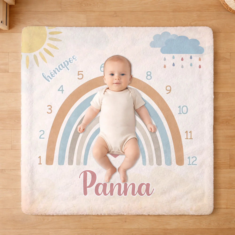 Szivárvány mintás baba mérföldkő takaró - névre szóló babapléd