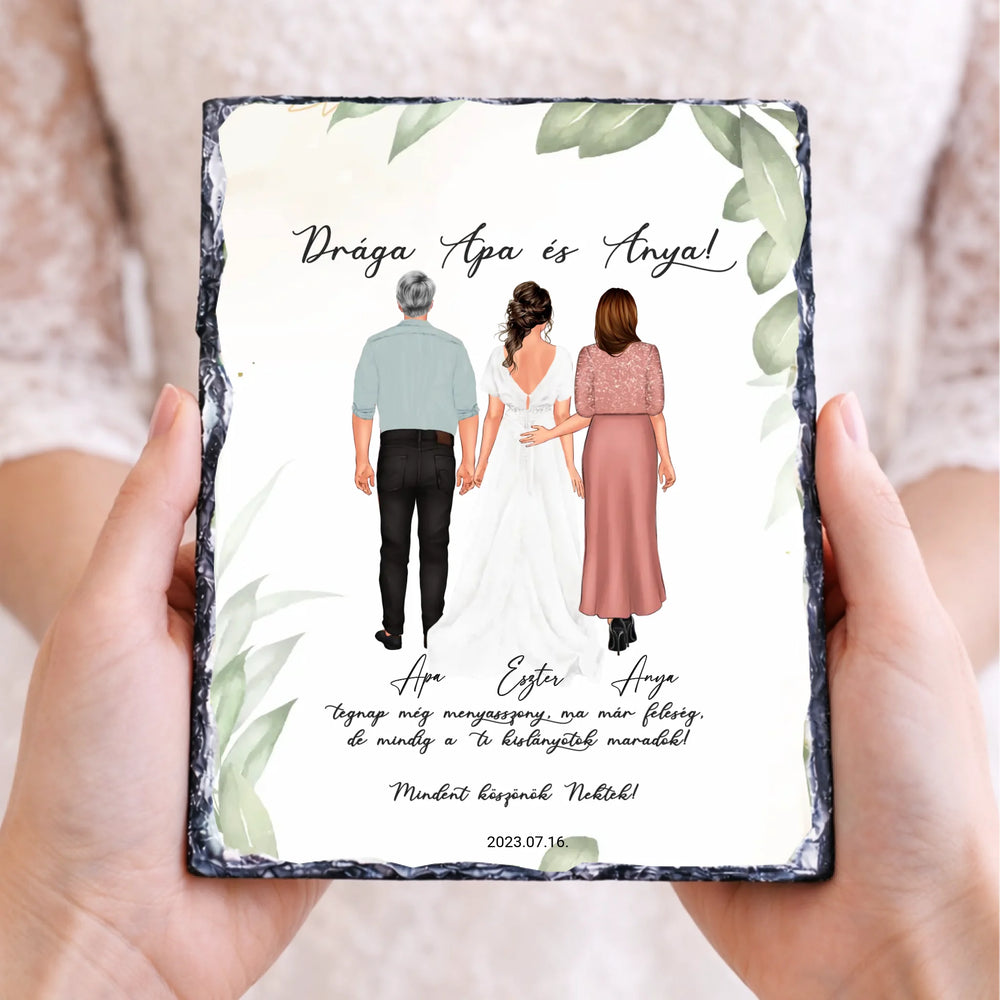 Szerkeszthető karakteres esküvői köszönőajándék gránitlap szülőknek - lánytól