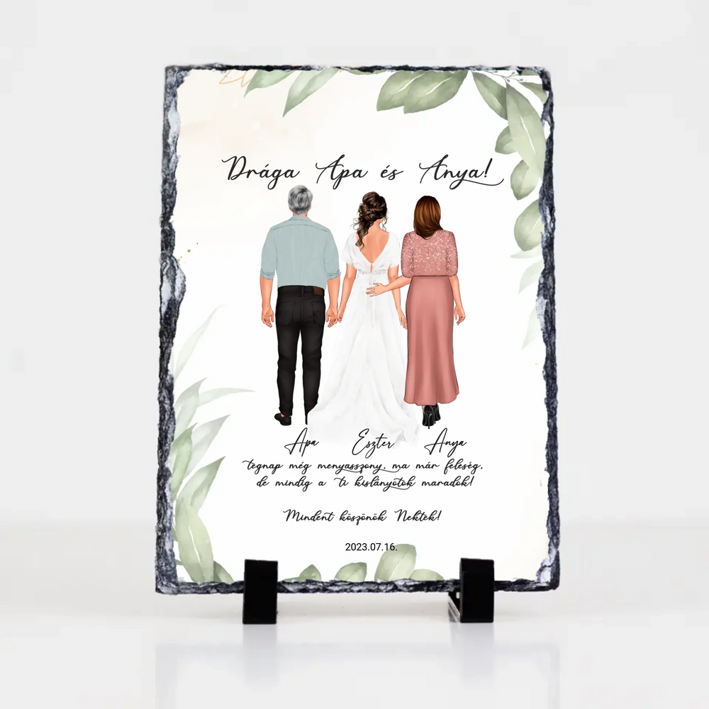 Szerkeszthető karakteres esküvői köszönőajándék gránitlap szülőknek - lánytól