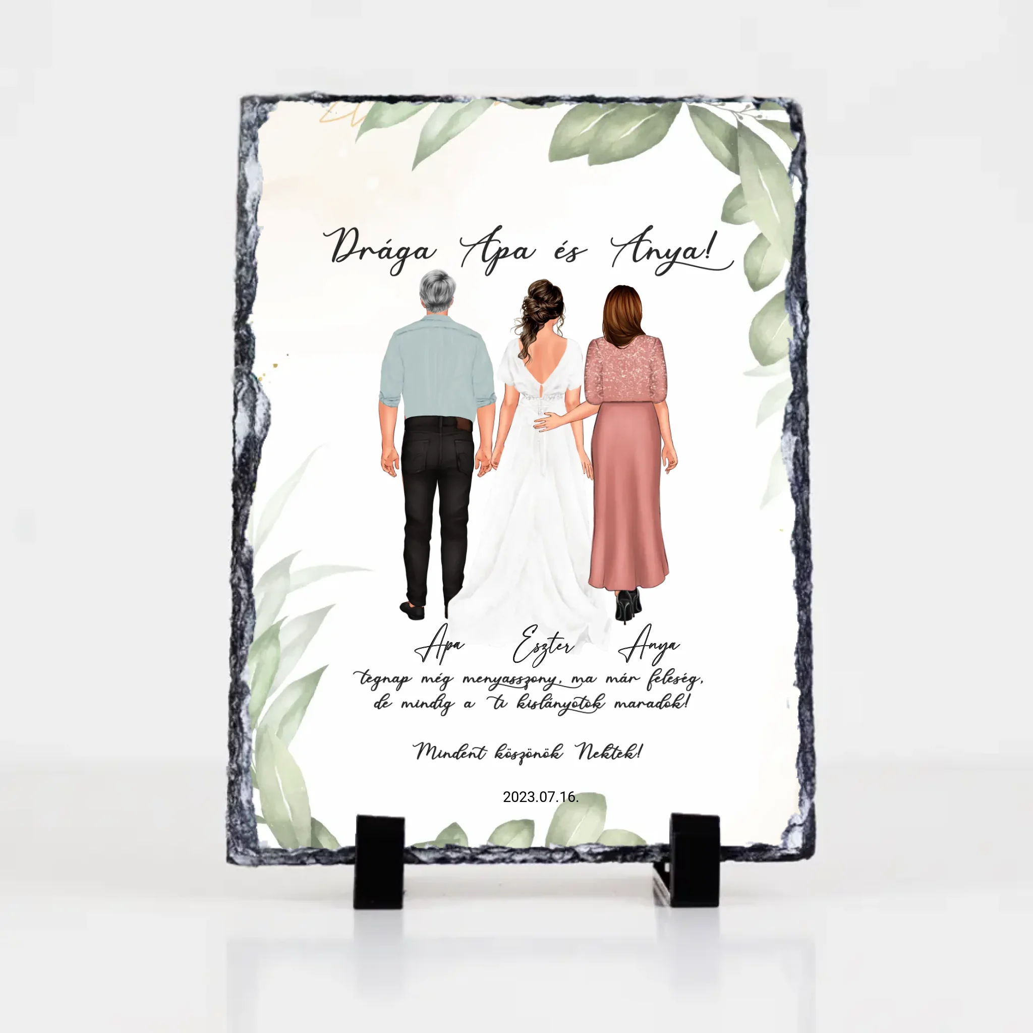 Szerkeszthető karakteres esküvői köszönőajándék gránitlap szülőknek - lánytól