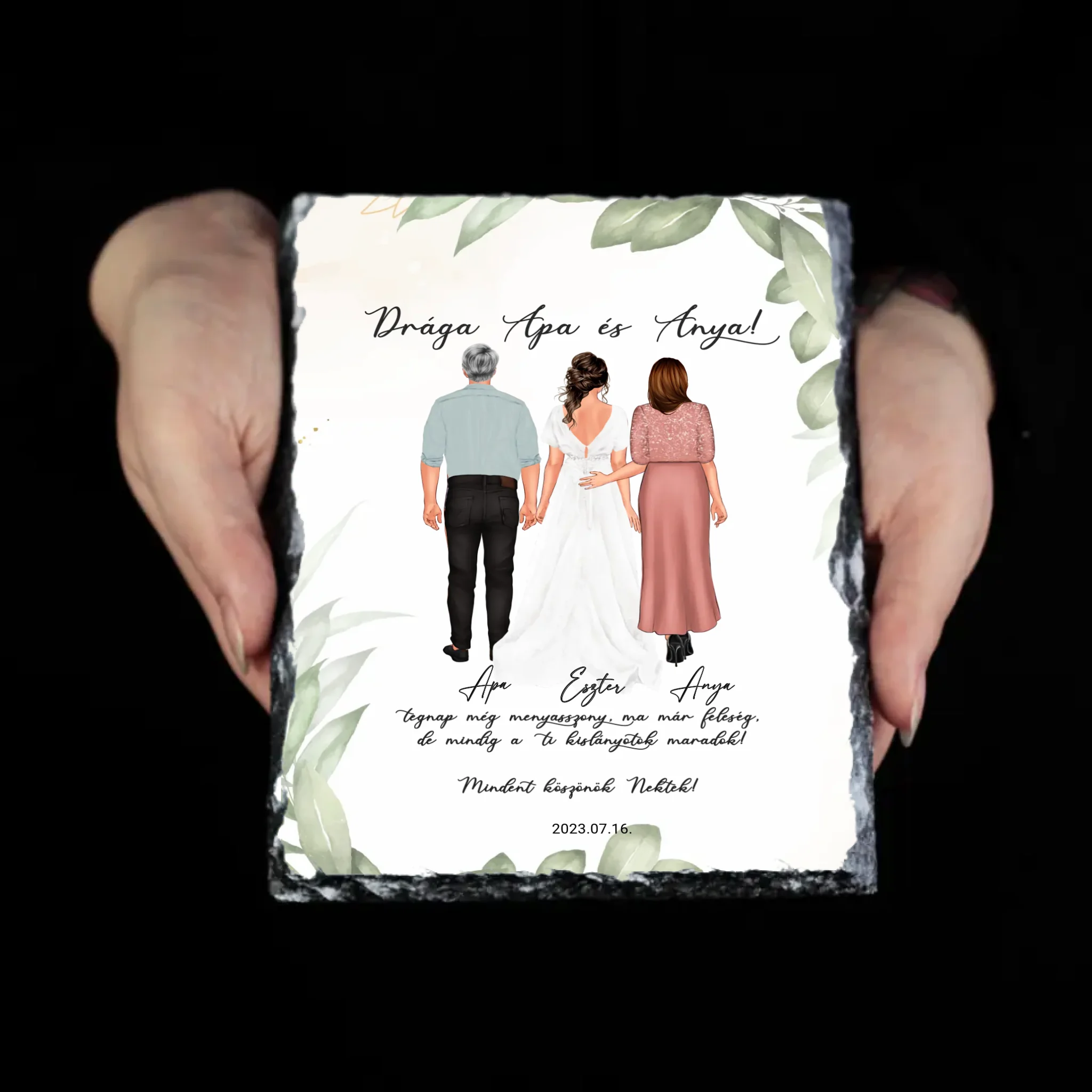Szerkeszthető karakteres esküvői köszönőajándék gránitlap szülőknek - lánytól