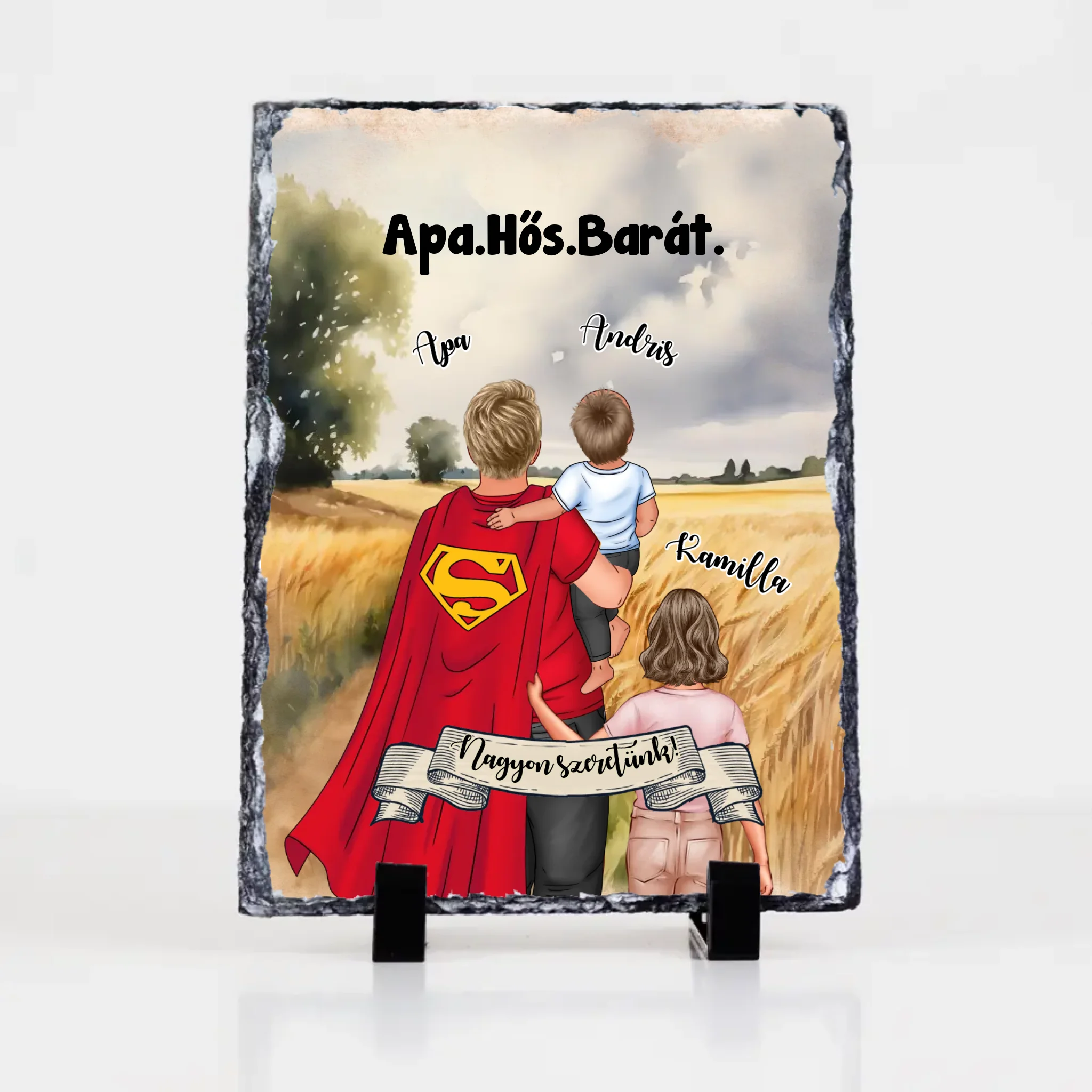 Ajándék Apáknak - Apa a mi hősünk szerkeszthető karakteres egyedi gránitkép