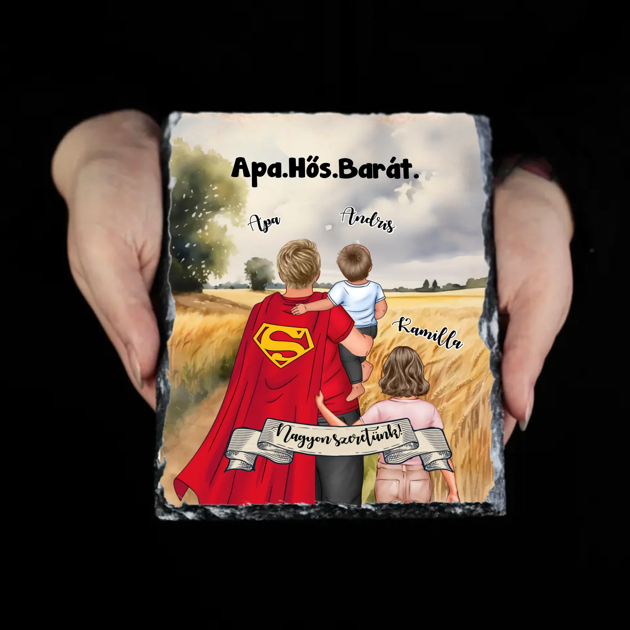 Ajándék Apáknak - Apa a mi hősünk szerkeszthető karakteres egyedi gránitkép