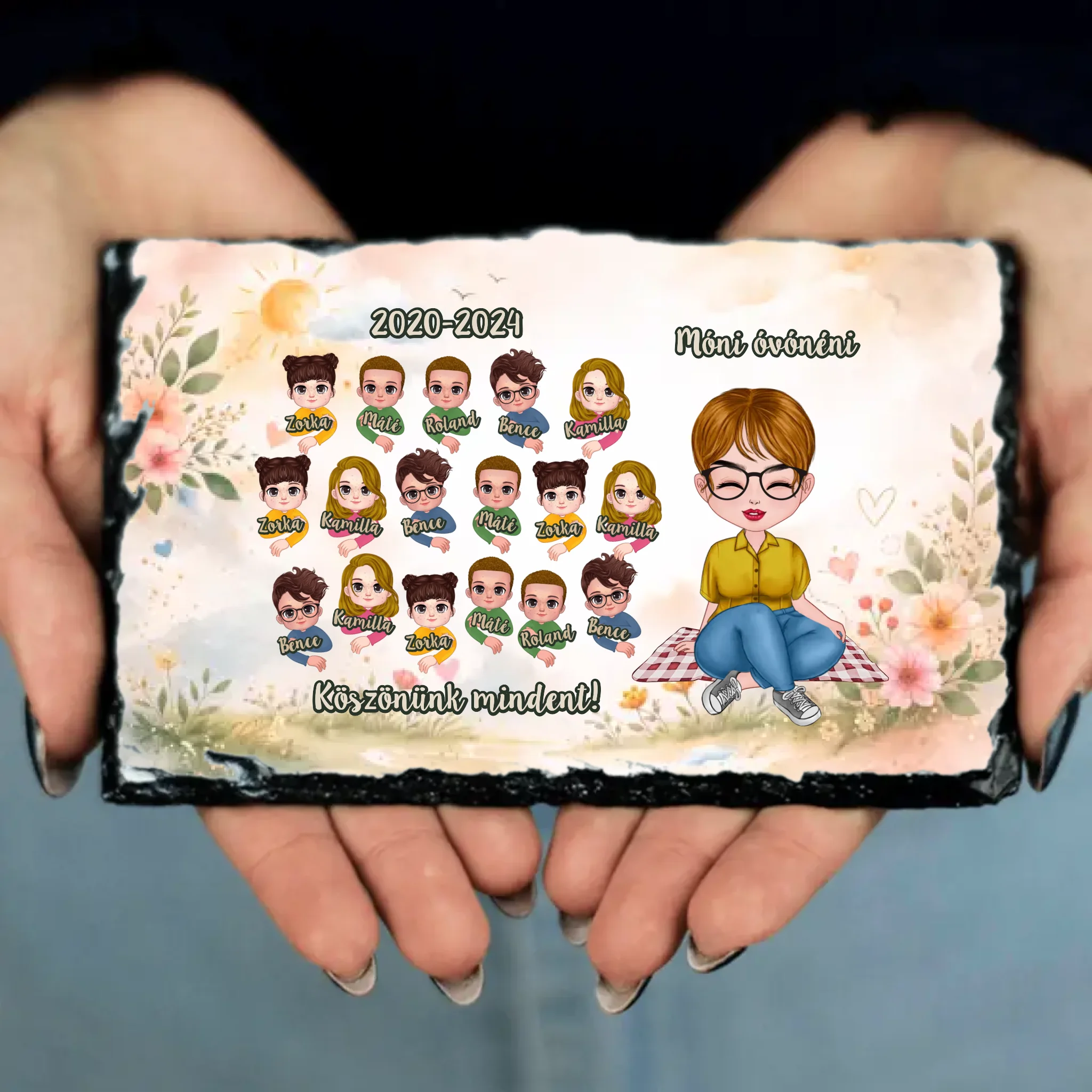 Pedagógus napi köszönőajándék - egyedi gránit kőlap szerkeszthető karakterekkel