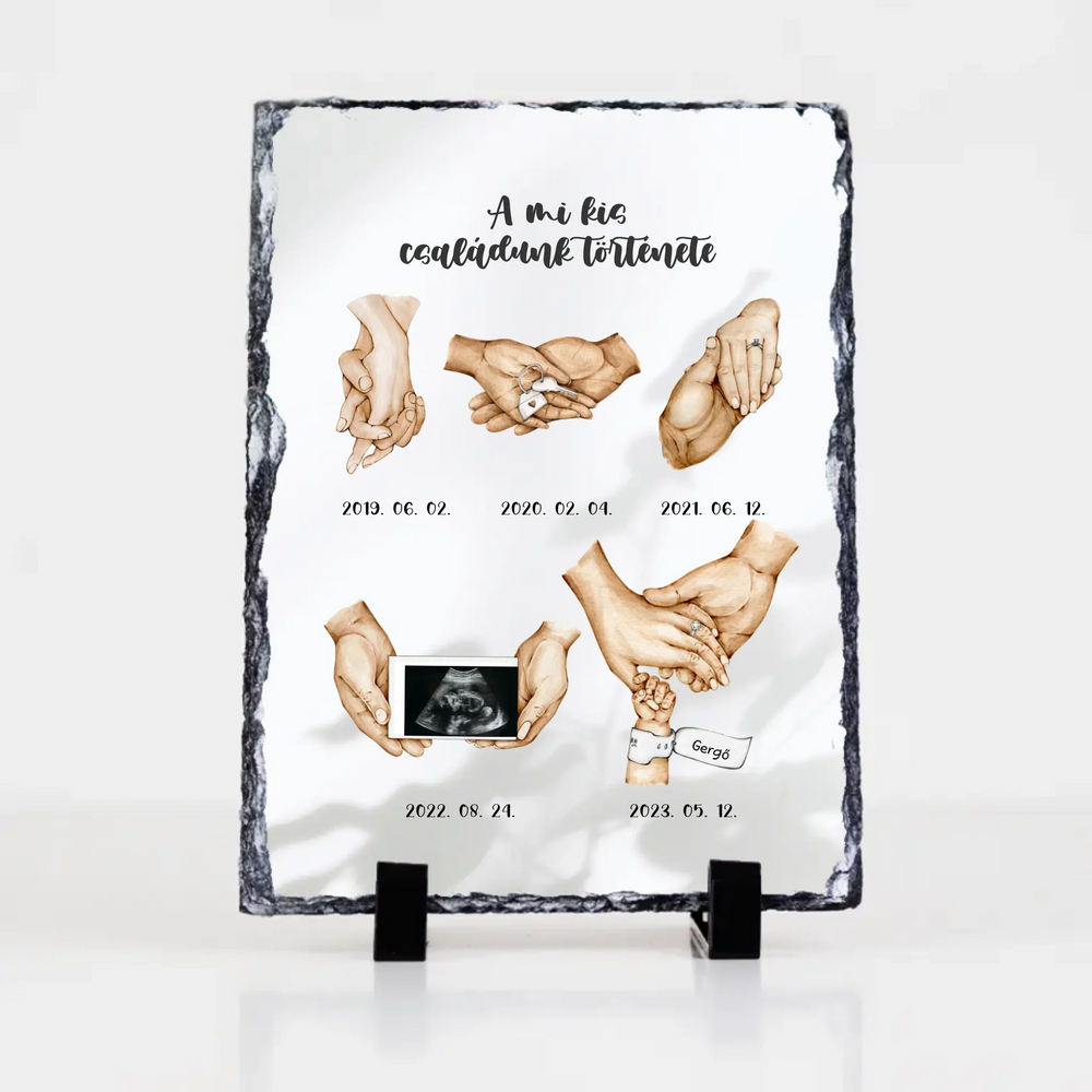 A mi kis családunk története gránitlap egyedi dátummal és fotóval