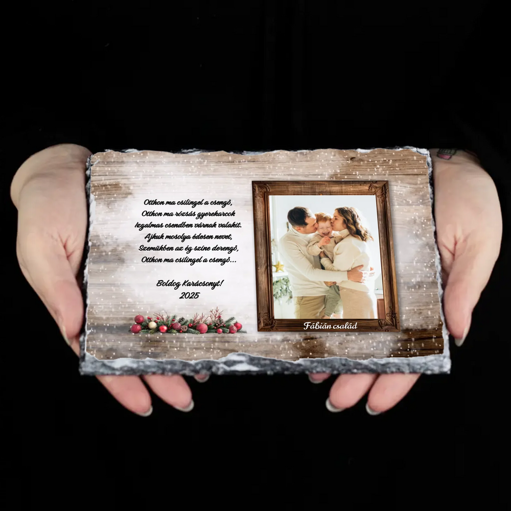 Karácsonyi gránitlap családi fotóval és egyedi felirattal