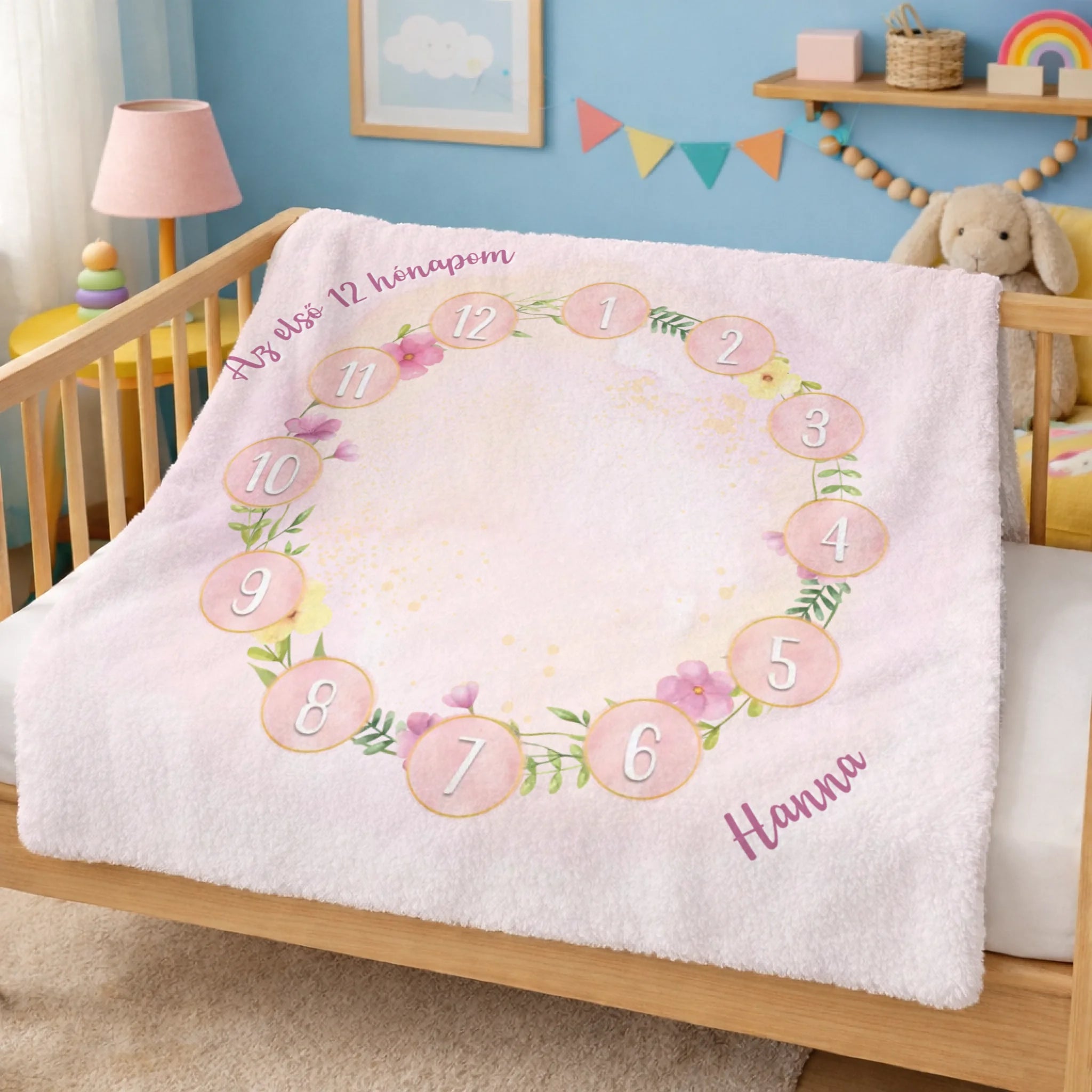Virágmintás baba bérföldkő takaró névvel – személyre szabható babapléd