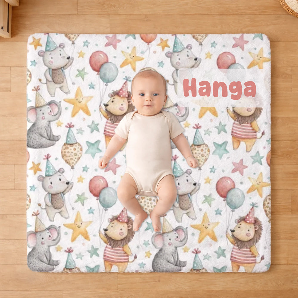 Szülinapi pléd babáknak - állatos mintával, egyedi névvel