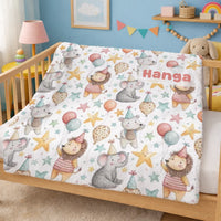 Szülinapi pléd babáknak - állatos mintával, egyedi névvel