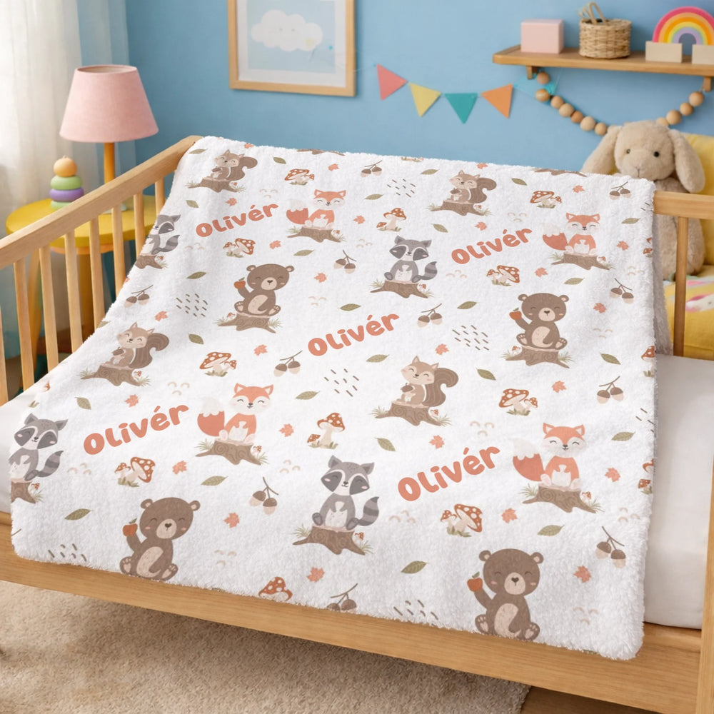 Névre szóló erdei állatos babatakaró - egyedi baba pléd ajándék