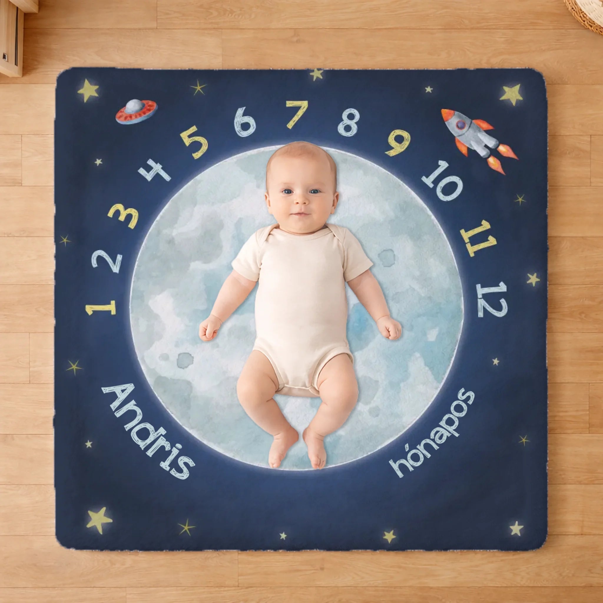 Űrhajós baba mérföldkő takaró névvel - személyre szabható babapléd
