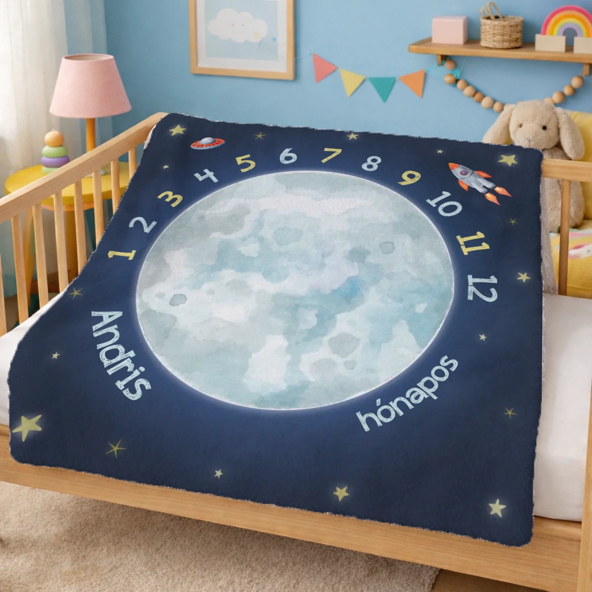Űrhajós baba mérföldkő takaró névvel - személyre szabható babapléd