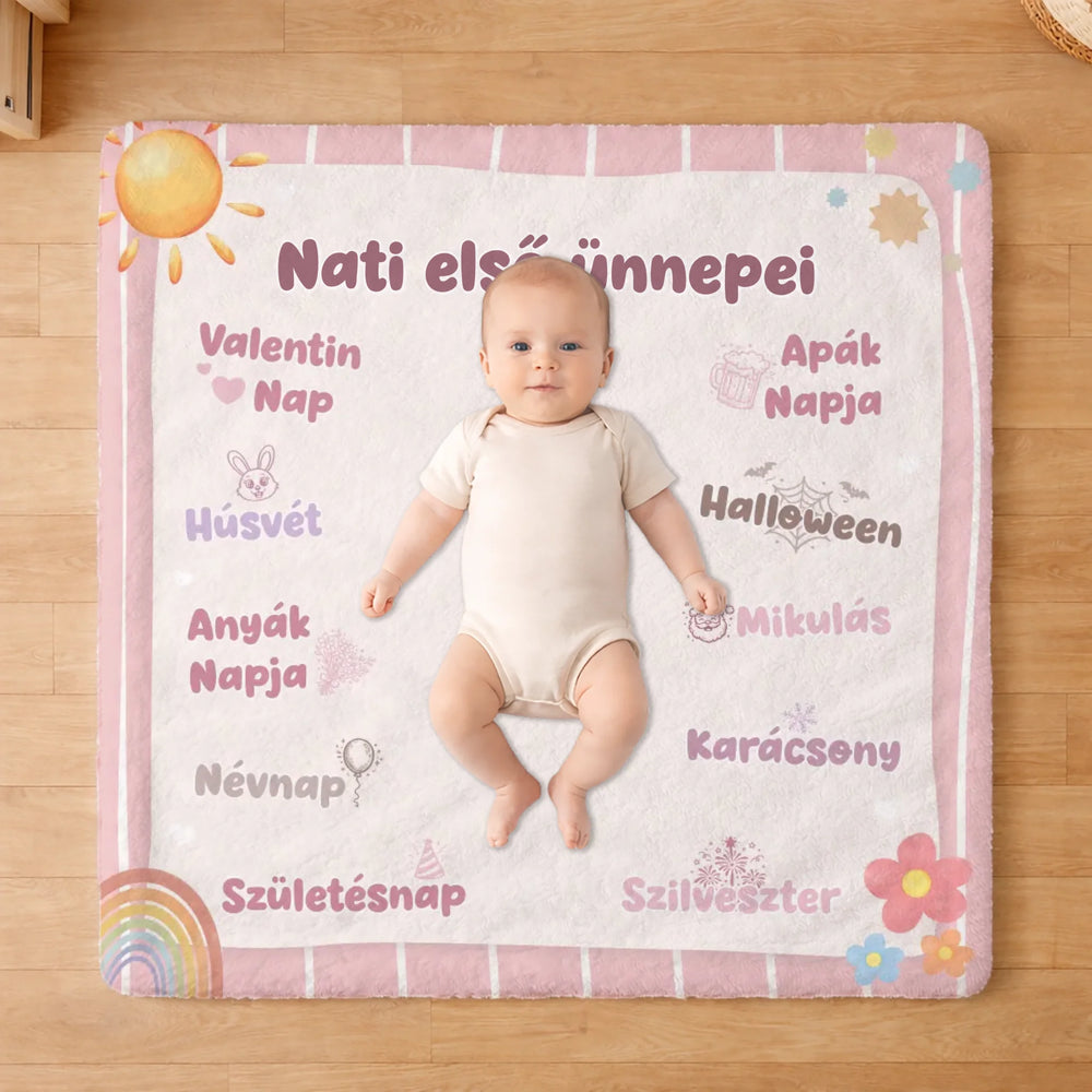 Első ünnepek - egyedi mintás pléd újszülötteknek, saját névvel