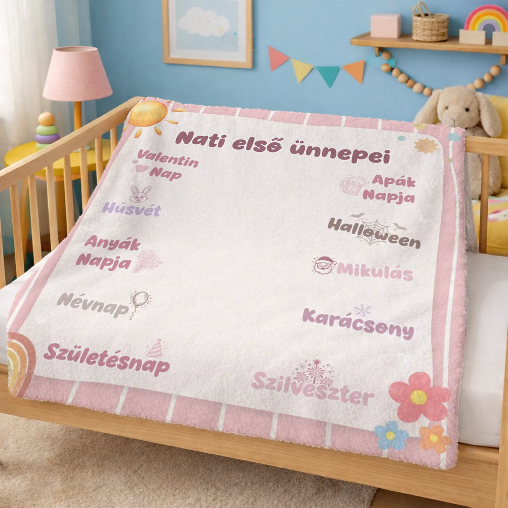 Első ünnepek - egyedi mintás pléd újszülötteknek, saját névvel