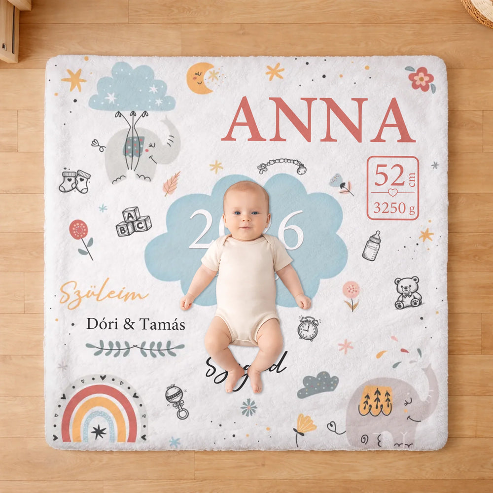 Névre szóló babapléd születési adatokkal - egyedi, személyre szabható babatakaró