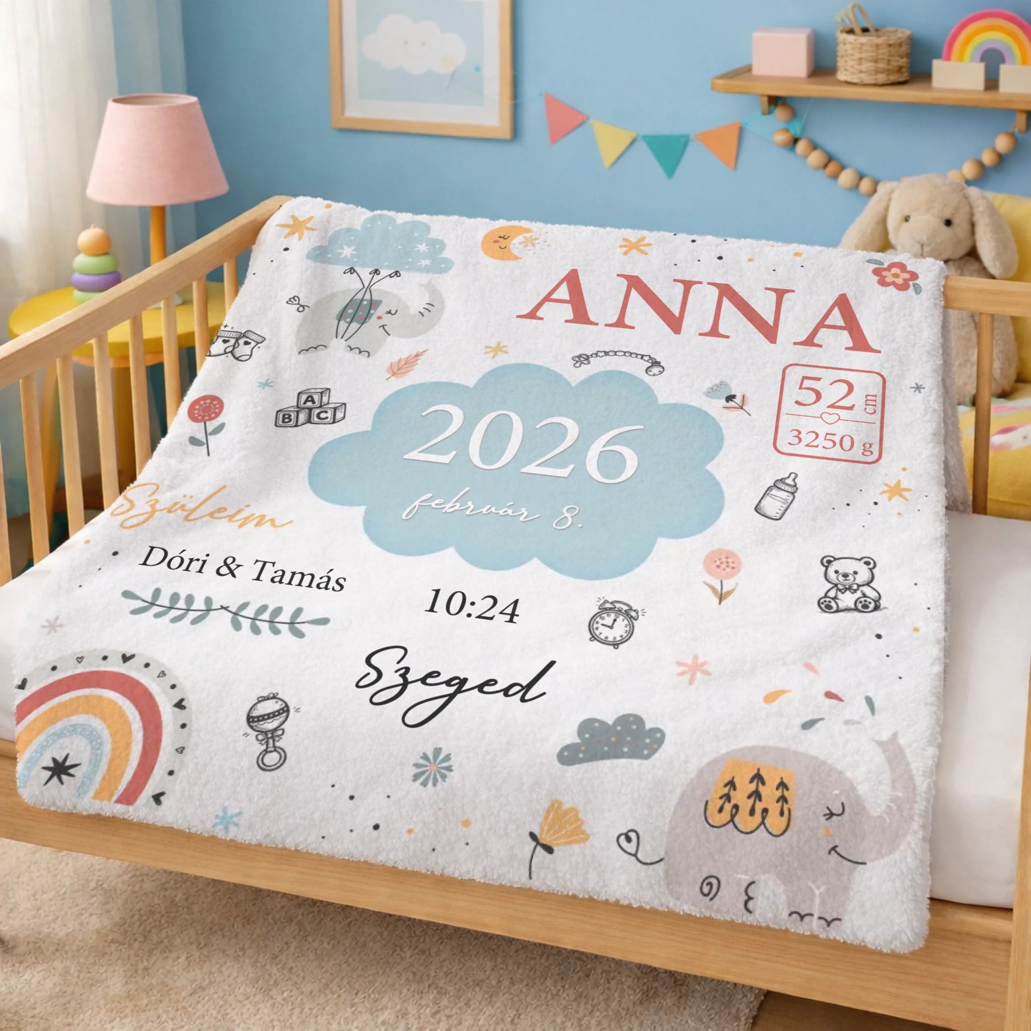 Névre szóló babapléd születési adatokkal - egyedi, személyre szabható babatakaró