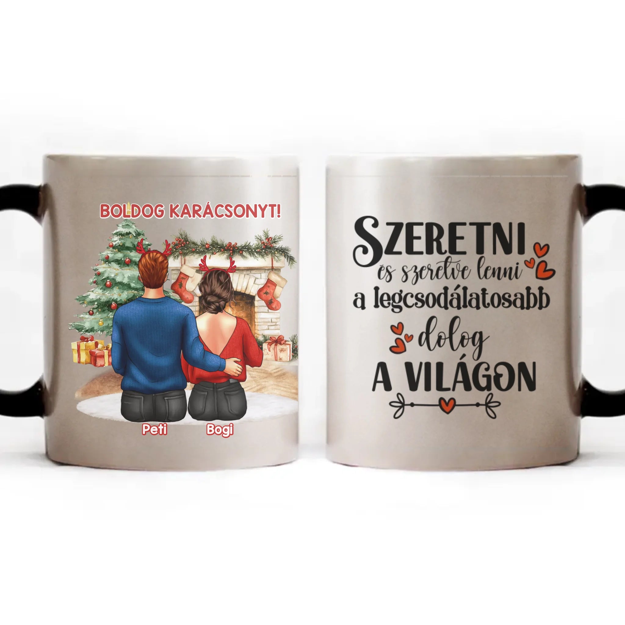 Karácsonyi ajándék bögre pároknak - hőre változó bögre egyedi karakterekkel akár kisállatokkal