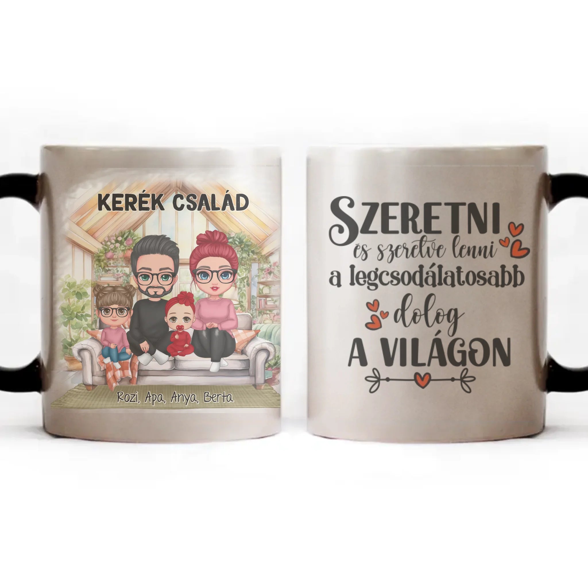 Egyedi varázs bögre személyre szabható karakterekkel - cuki család akár 4 gyerekkel