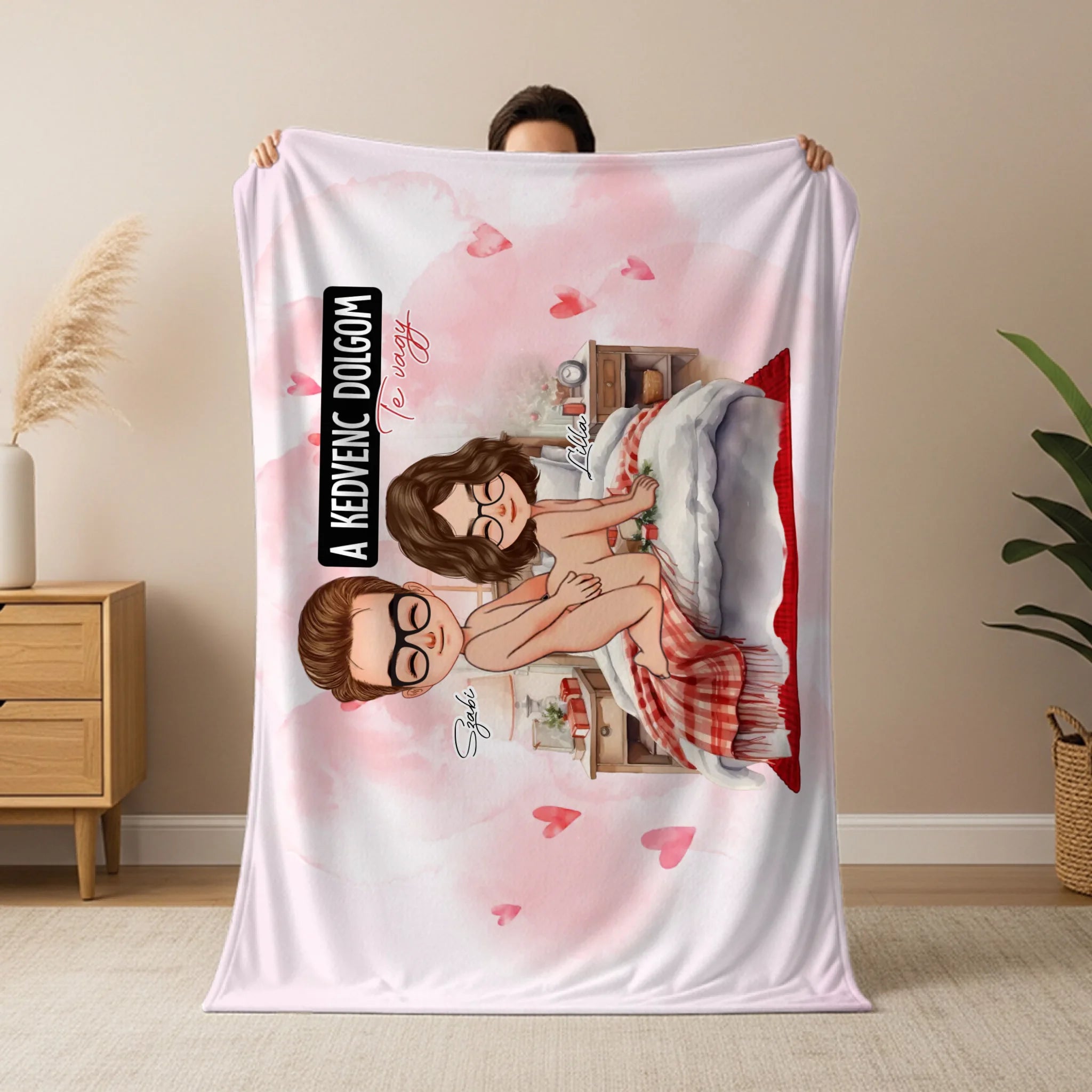 Személyre szabható takaró - vicces feliratos cuki karakteres pléd pároknak