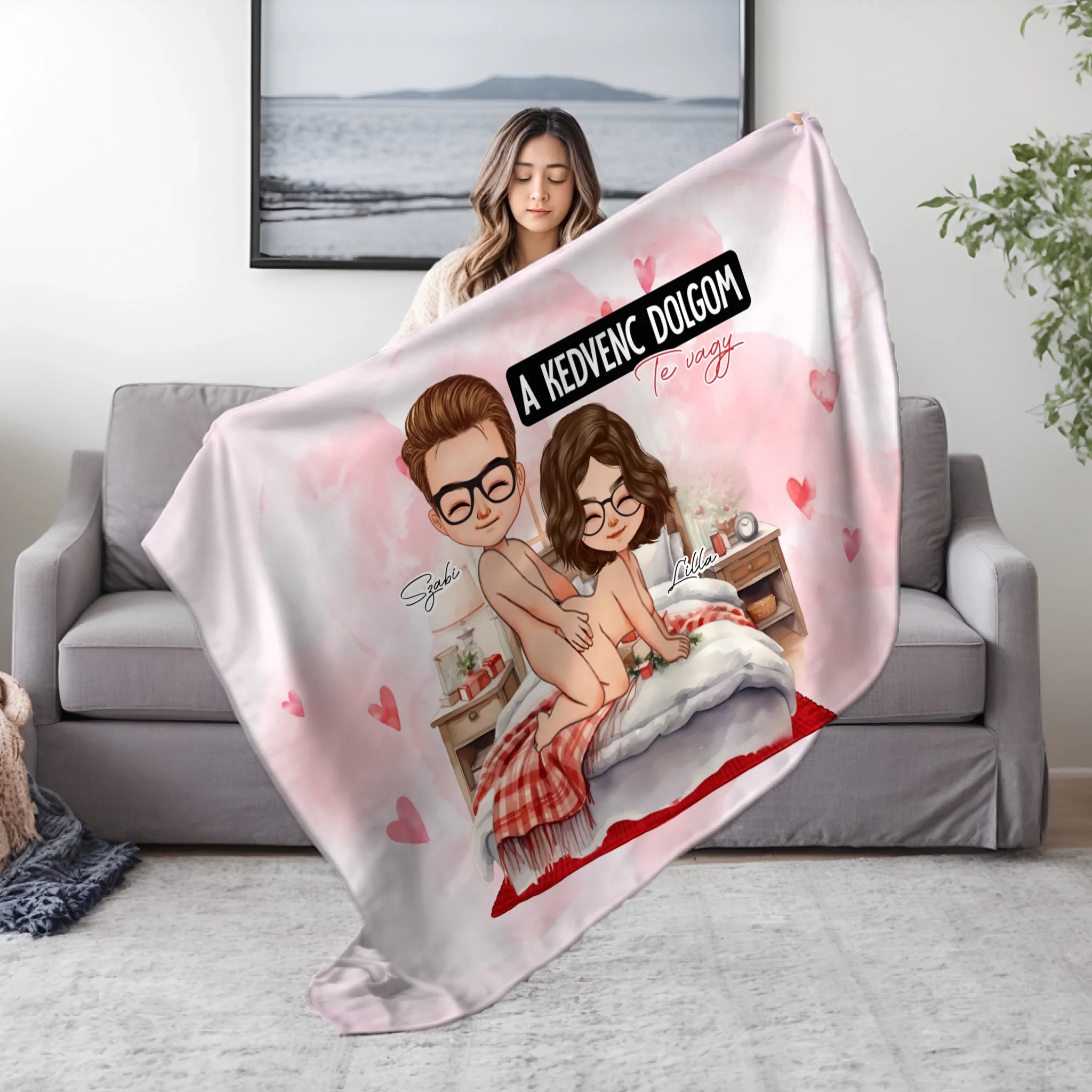 Személyre szabható takaró - vicces feliratos cuki karakteres pléd pároknak