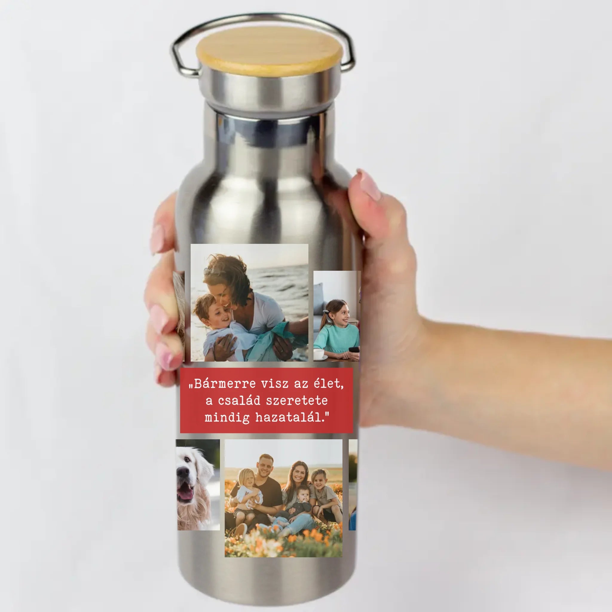 Bambusz fedeles egyedi fényképes kulacs 10 képpel - saját felirattal