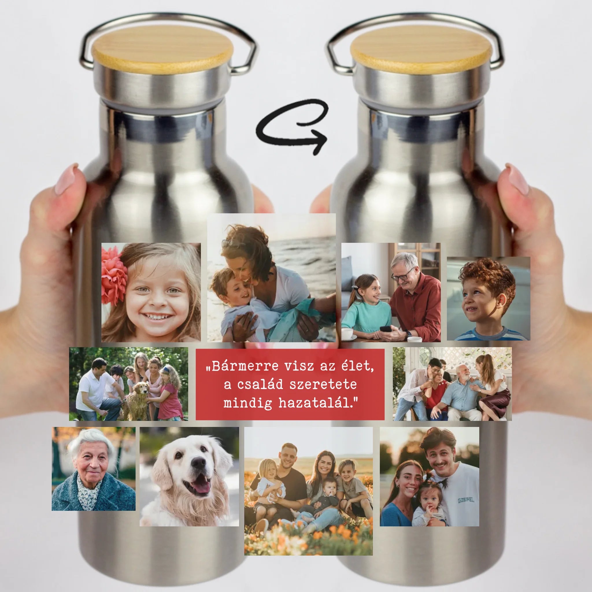 Bambusz fedeles egyedi fényképes kulacs 10 képpel - saját felirattal