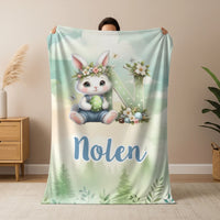 Névre szóló húsvéti pléd nyuszival és kezdőbetűvel – egyedi gyerek takaró fiúknak