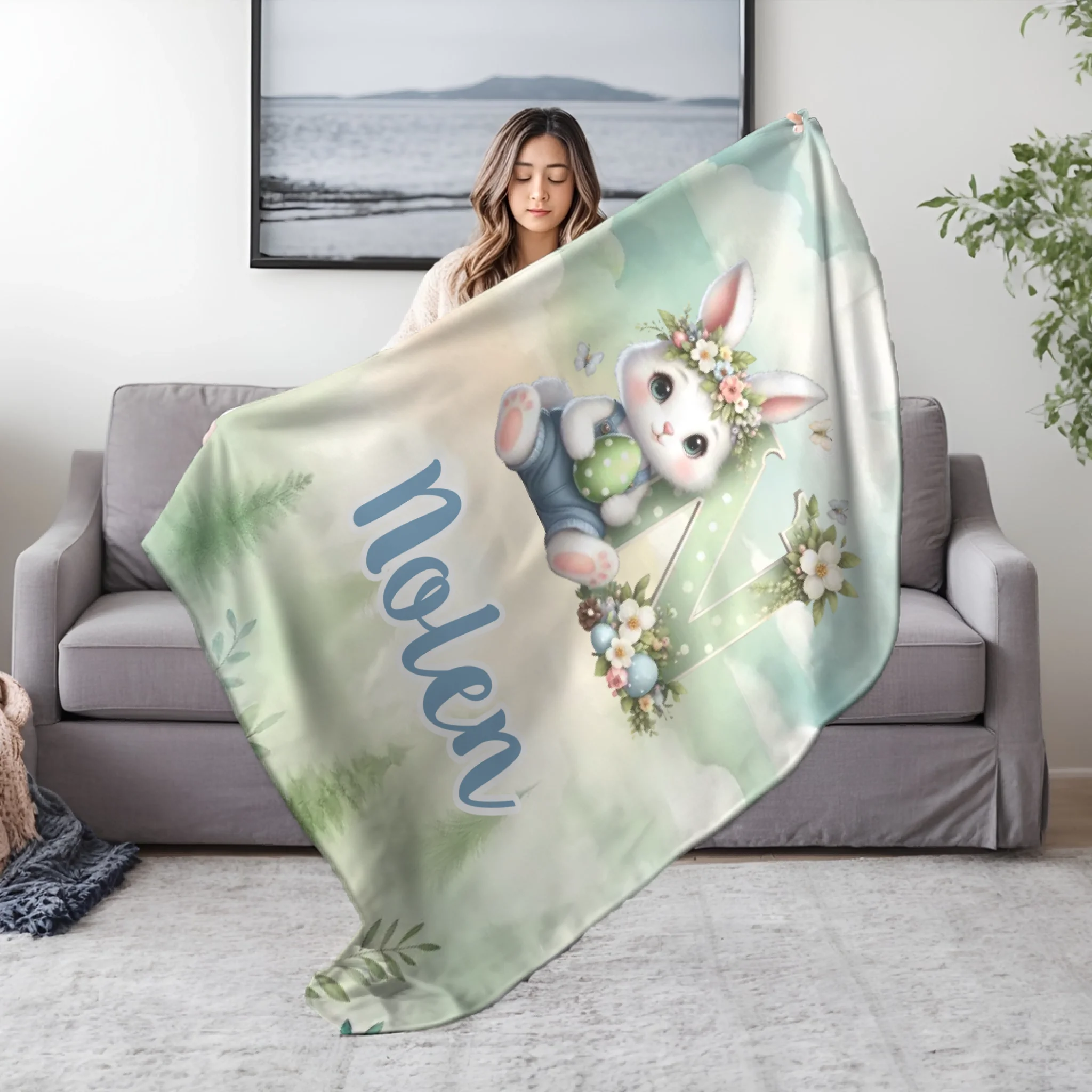 Névre szóló húsvéti pléd nyuszival és kezdőbetűvel – egyedi gyerek takaró fiúknak