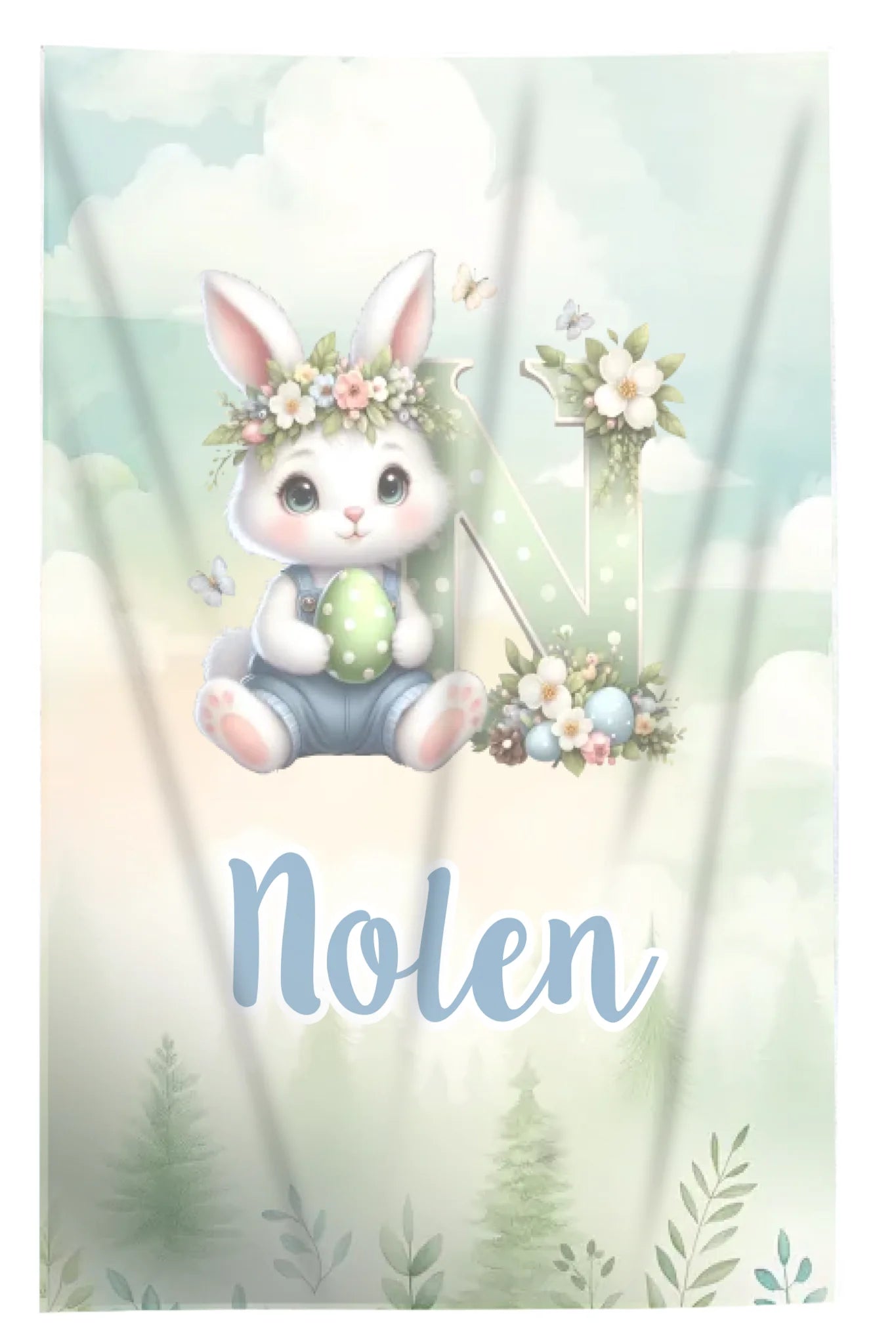 Névre szóló húsvéti pléd nyuszival és kezdőbetűvel – egyedi gyerek takaró fiúknak