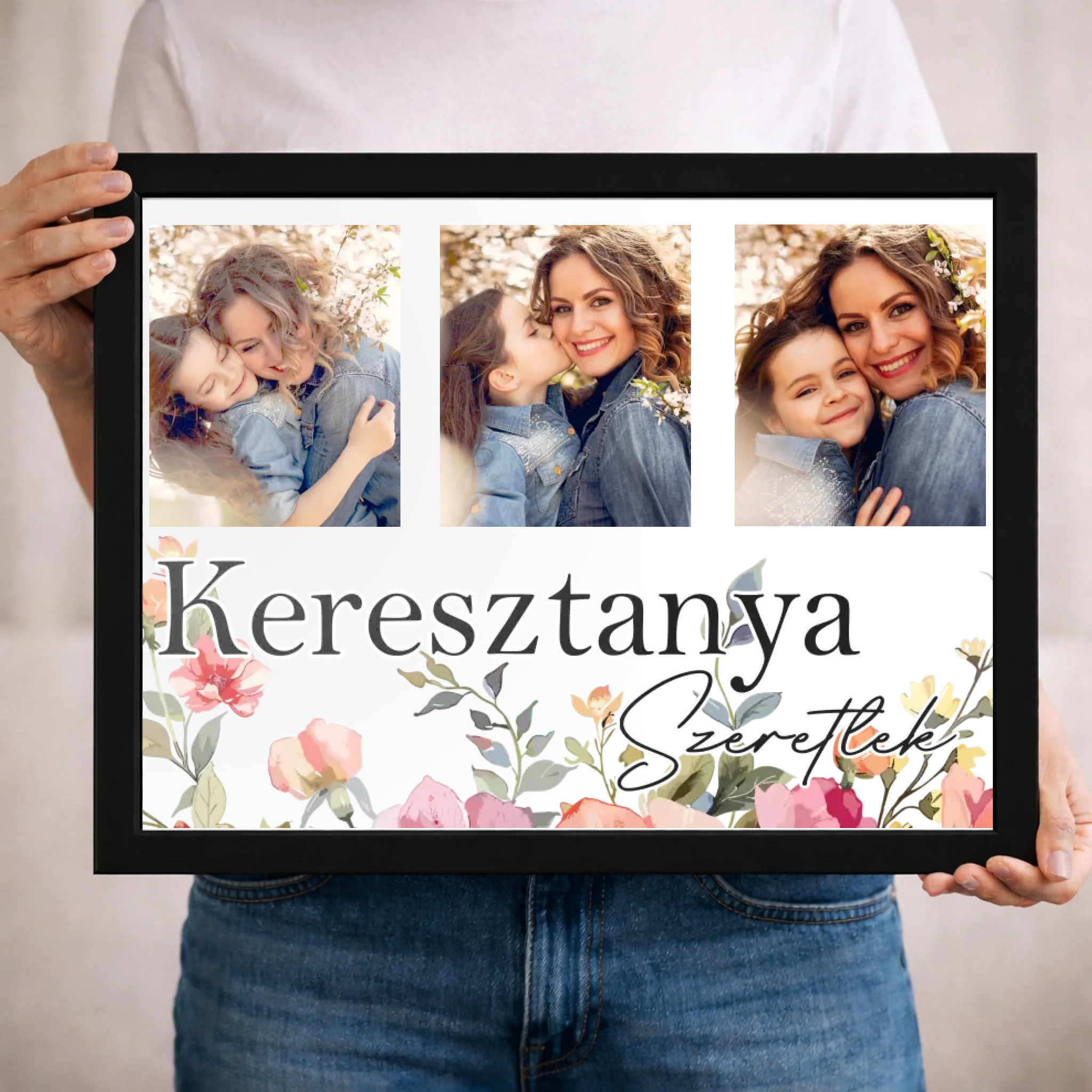 Keresztanya szeretünk - egyedi képes falikép választható felirattal