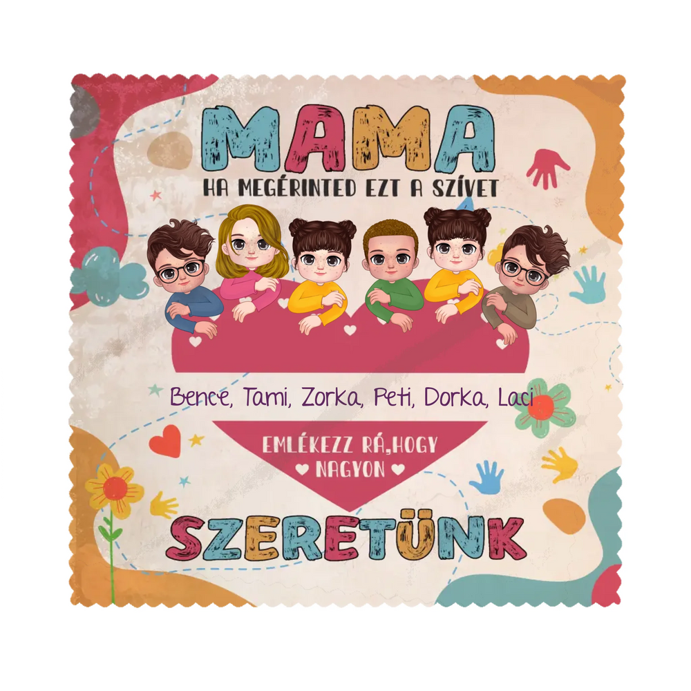 	 Egyedi karakteres szemüvegtörlő kendő mamáknak akár 6 unokával