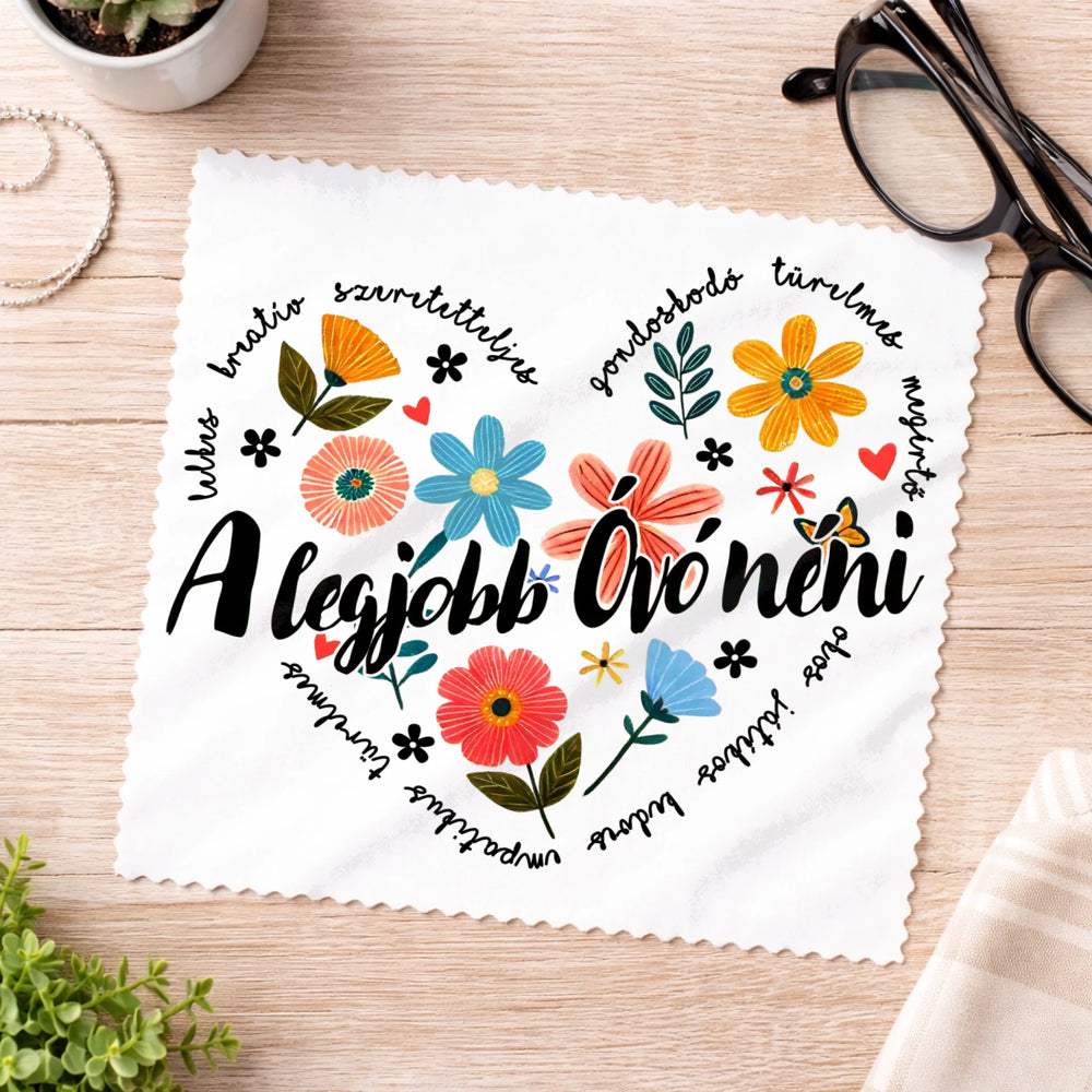 Egyedi szemüvegtörlő kendő óvónőknek - a legjobb Óvónéni felirattal, körbefutó mintával
