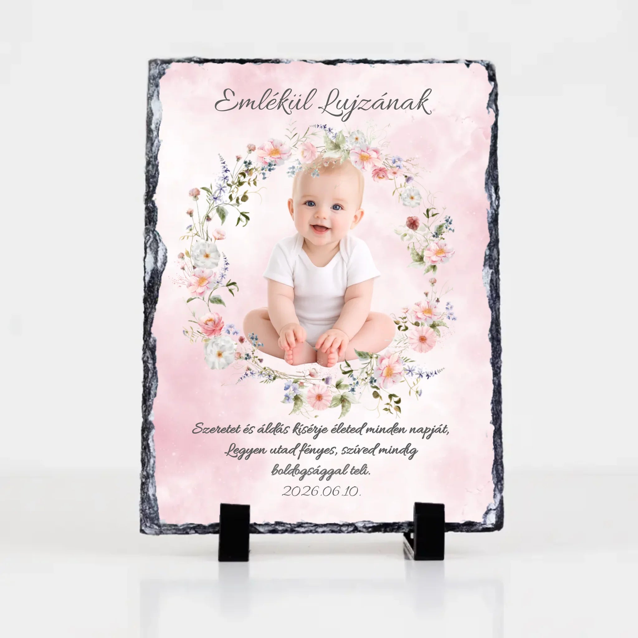 Egyedi fényképes keresztelői gránitlap névvel és dátummal