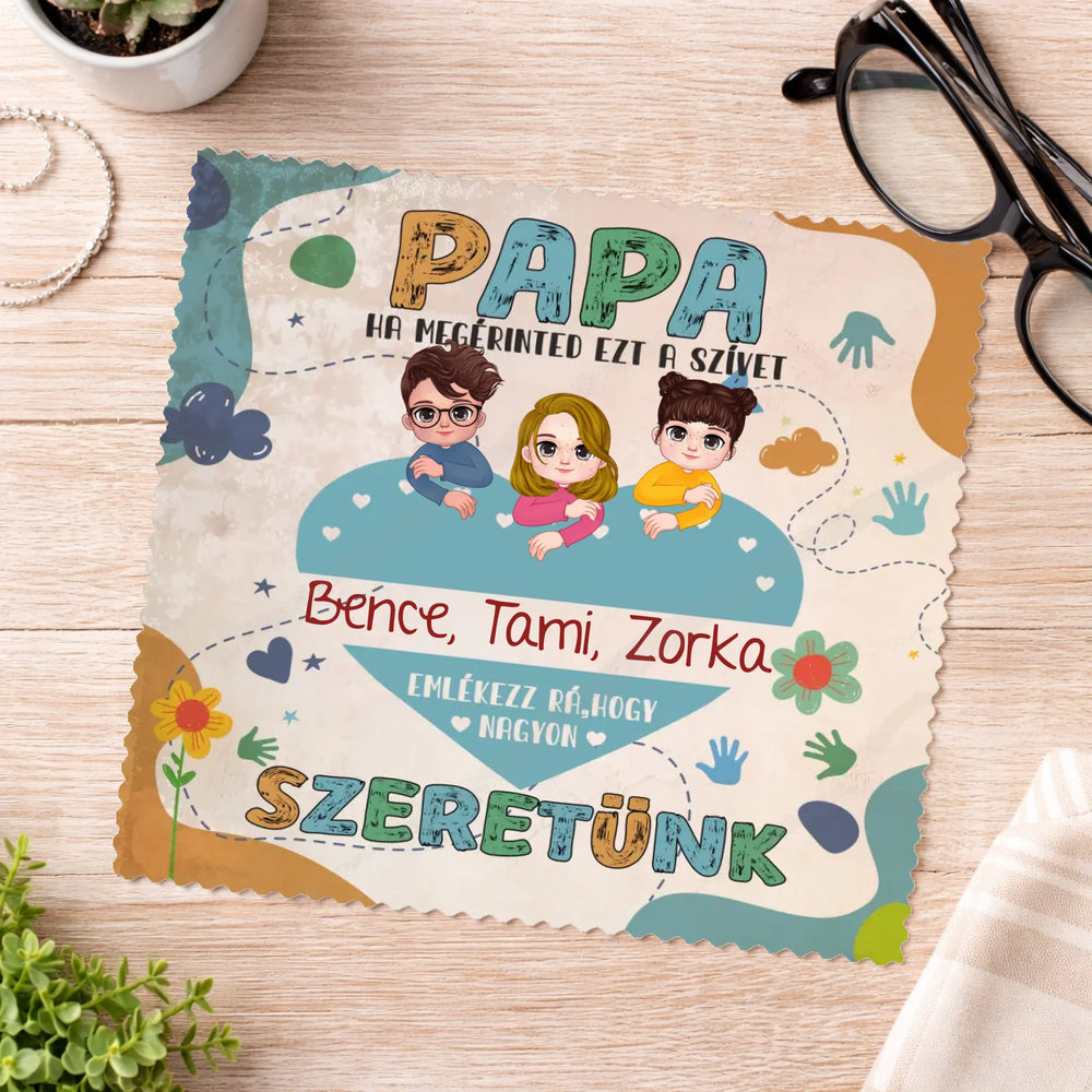 Egyedi karakteres szemüvegtörlő kendő papáknak akár 6 unokával