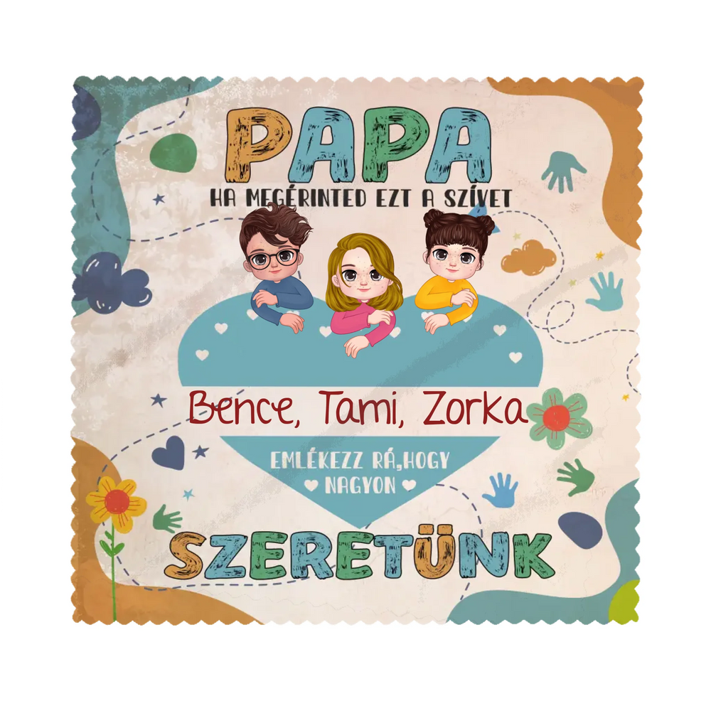 Egyedi karakteres szemüvegtörlő kendő papáknak akár 6 unokával