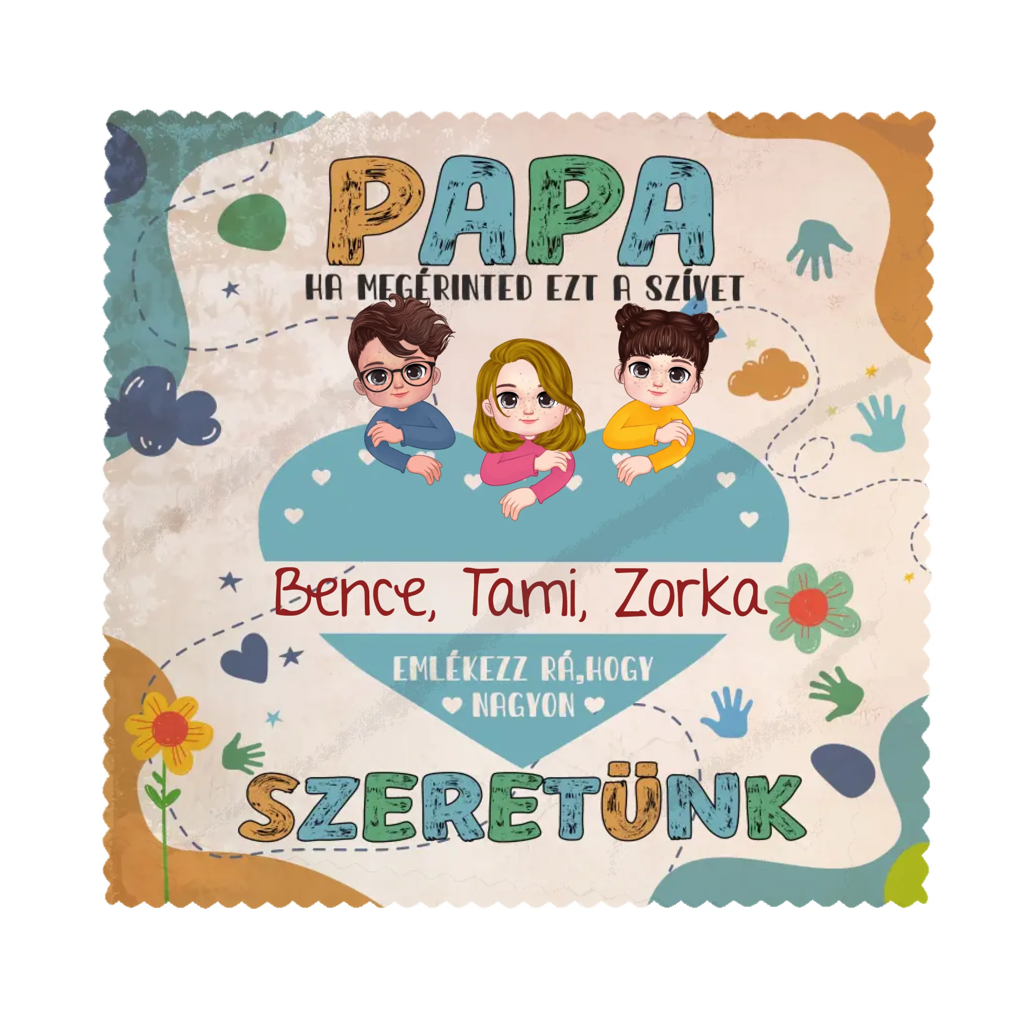 Egyedi karakteres szemüvegtörlő kendő papáknak akár 6 unokával