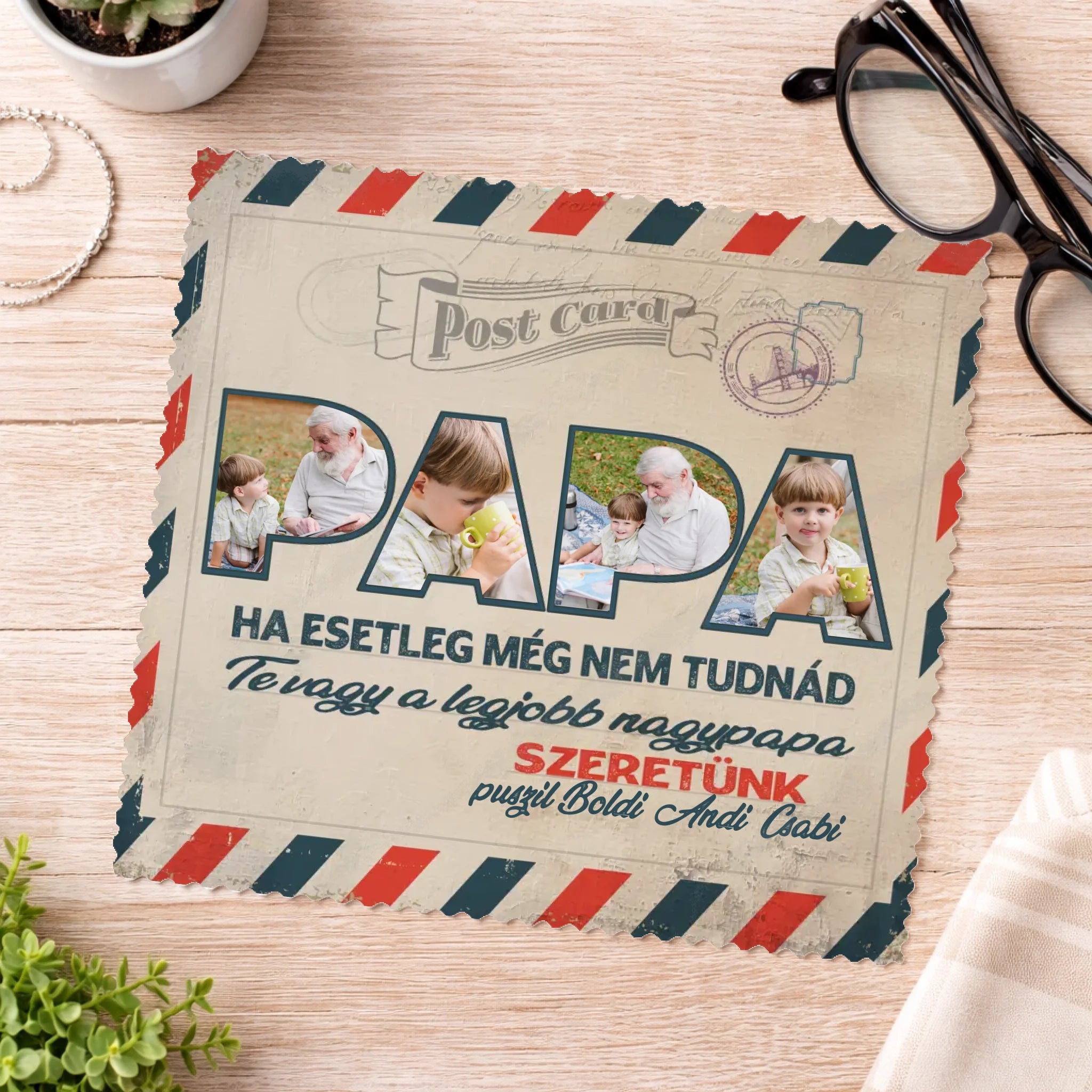 Ta vagy a legjobb nagypapa egyedi szemüvegtörlő kendő papáknak saját képpel és névvel