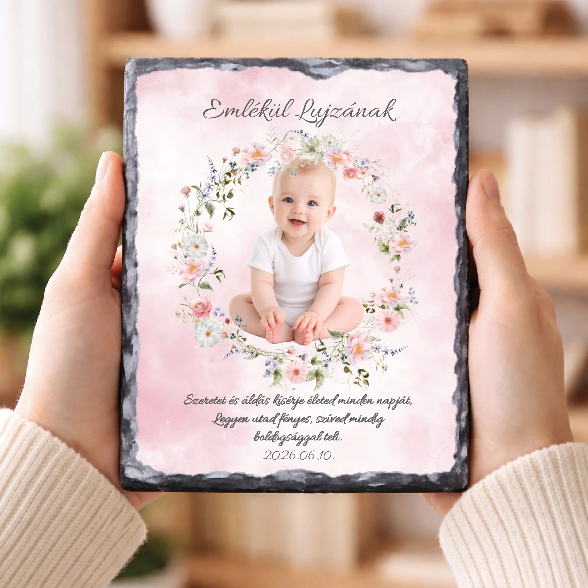 Egyedi fényképes keresztelői gránitlap névvel és dátummal