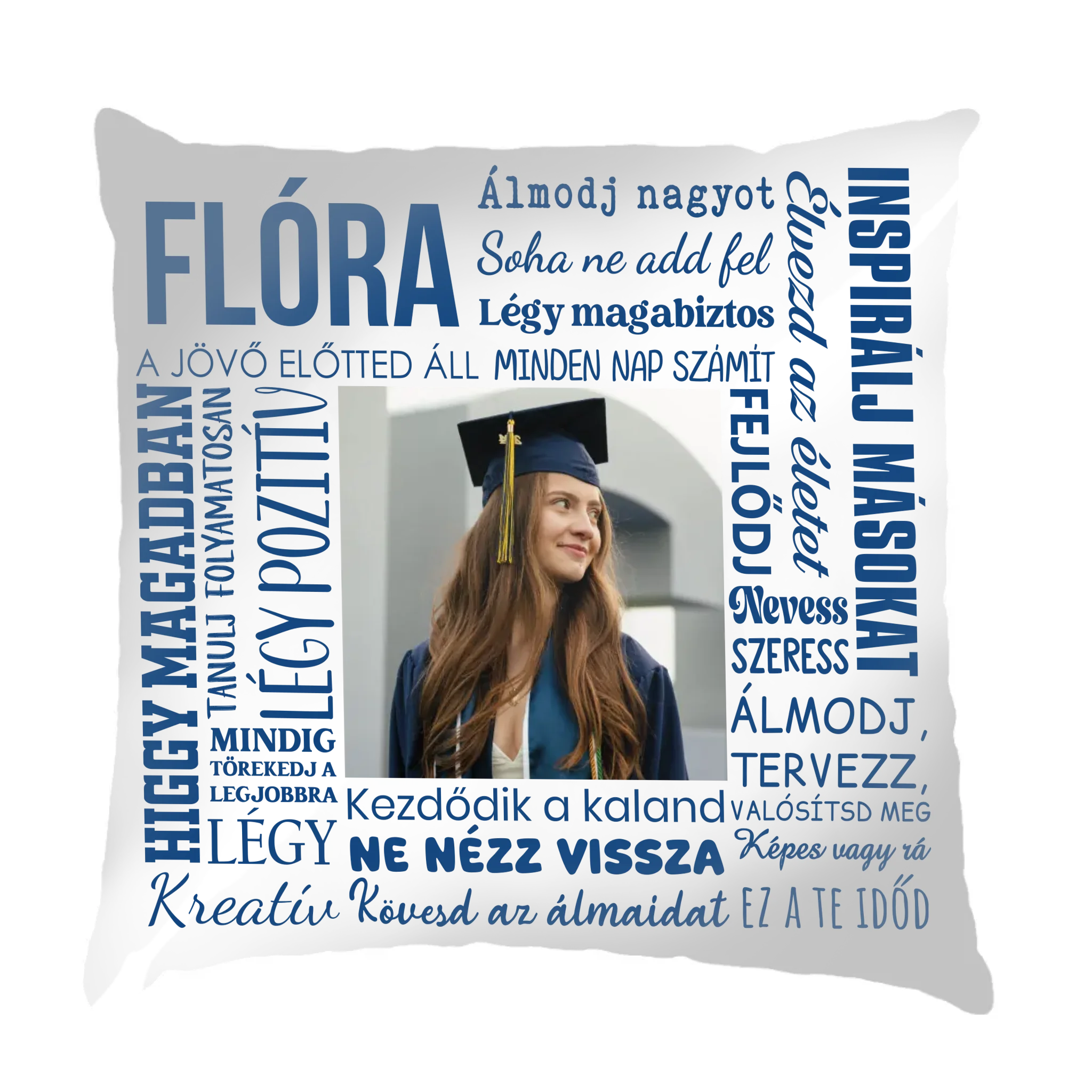 Egyedi motivációs fullprint párna névvel és fényképpel