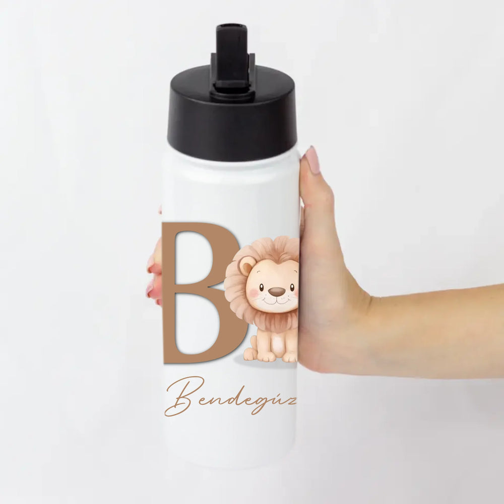 Névre szóló szívószálas kulacs állatos mintával és kezdőbetűvel - egyedi ajándék gyerekeknek
