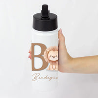 Névre szóló szívószálas kulacs állatos mintával és kezdőbetűvel - egyedi ajándék gyerekeknek