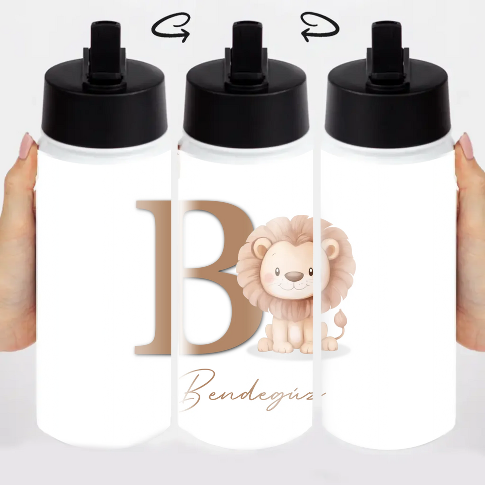 Névre szóló szívószálas kulacs állatos mintával és kezdőbetűvel - egyedi ajándék gyerekeknek