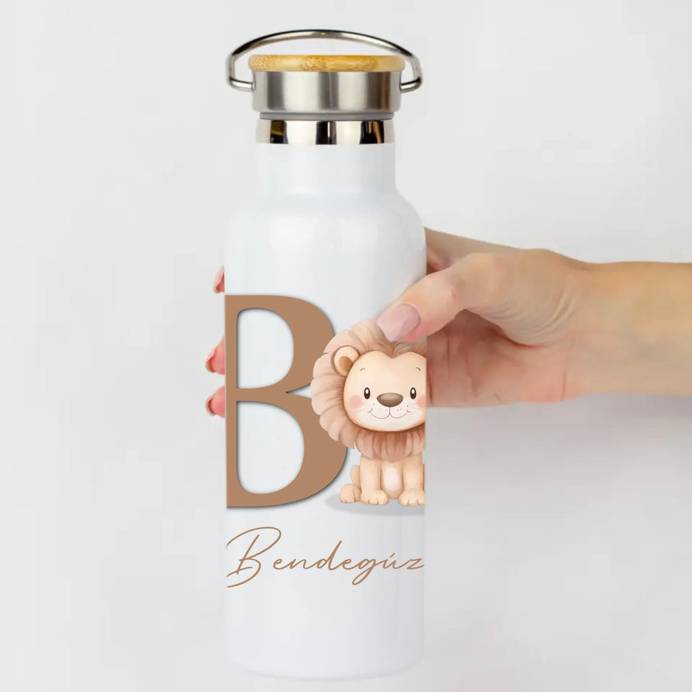 Névre szóló bambusz fedeles kulacs állatos mintával és kezdőbetűvel - egyedi ajándék gyerekeknek