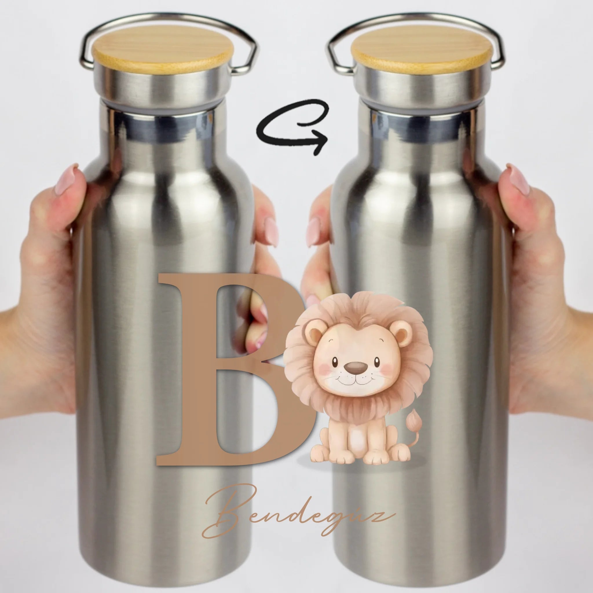 Névre szóló bambusz fedeles kulacs állatos mintával és kezdőbetűvel - egyedi ajándék gyerekeknek