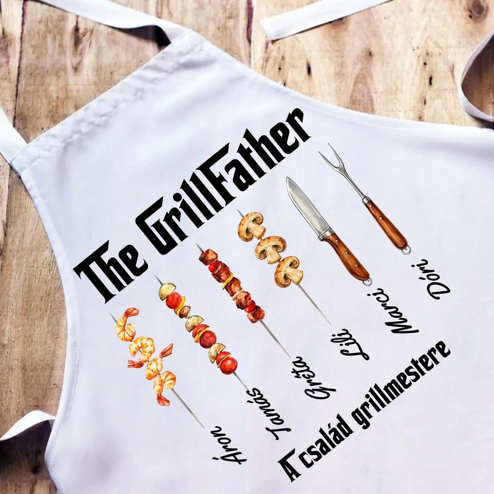 Grillfather fehér kötény - egyedi ajándék apáknak, akár 6 gyereknévvel
