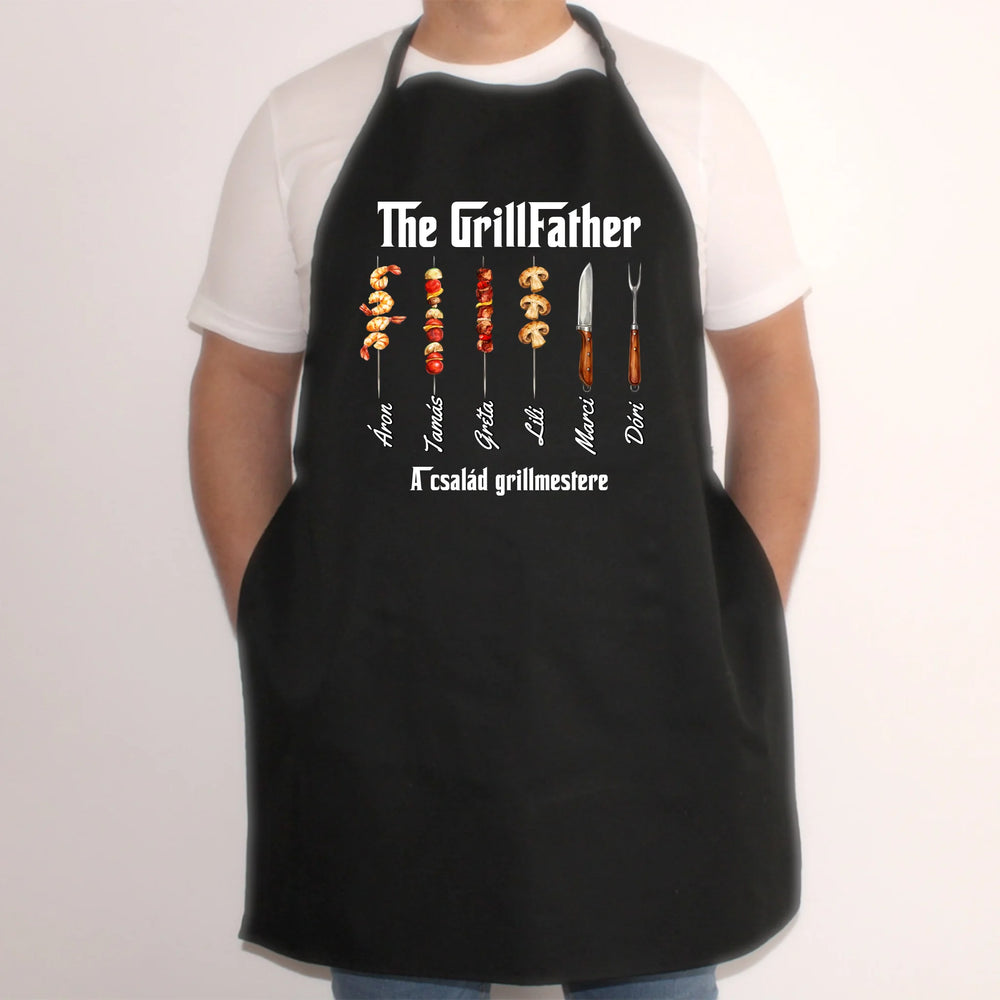 Grillfather fekete kötény - egyedi ajándék apáknak, akár 6 gyereknévvel