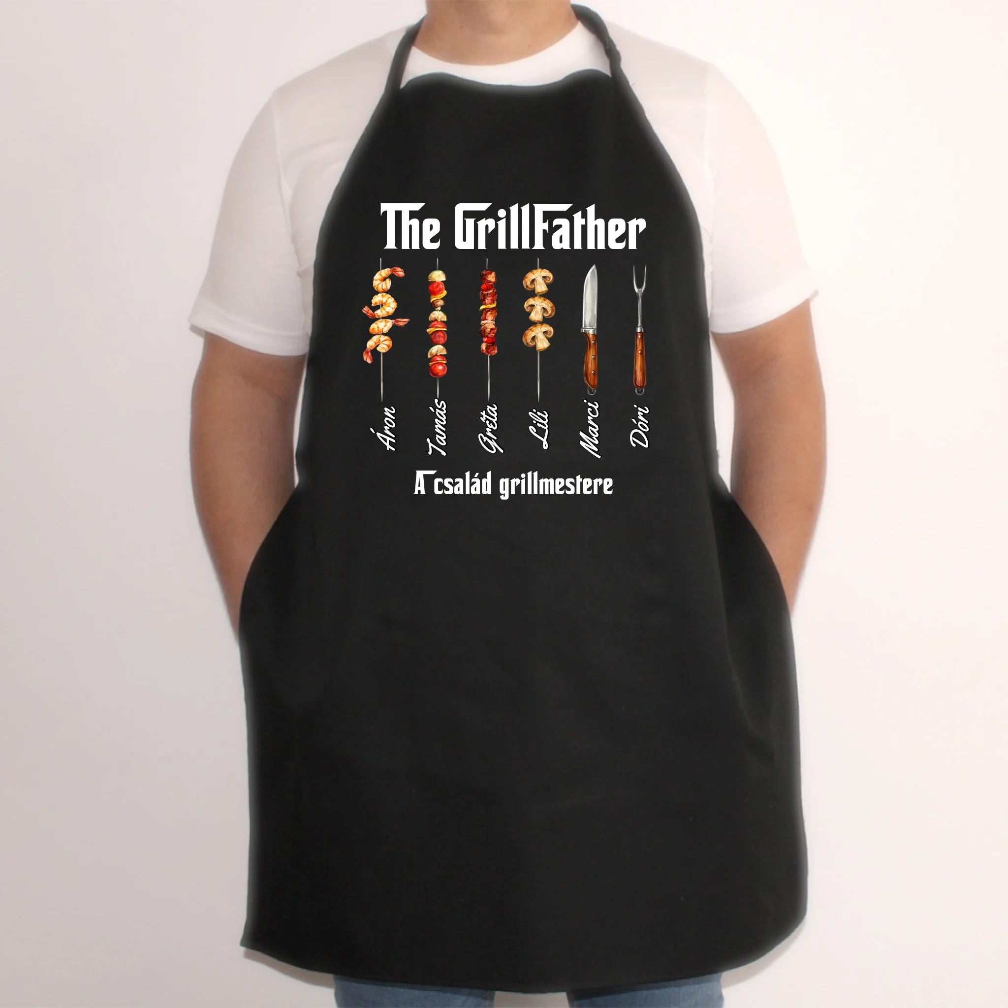 Grillfather fekete kötény - egyedi ajándék apáknak, akár 6 gyereknévvel
