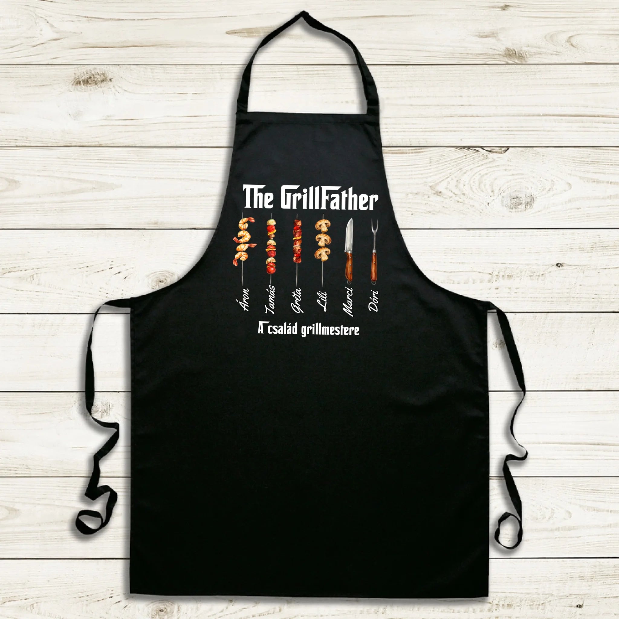Grillfather fekete kötény - egyedi ajándék apáknak, akár 6 gyereknévvel